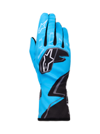 Alpinestars Tech-1 K Race V2 Graphic 1 handschoenen, kartinghandschoenen, cyaan, zwart en wit, voorzien van opvallende geometrische patronen, wit Alpinestars sterlogo op de knokkels, verlengde manchet, lichtgewicht en ademend materiaal voor kartingprestaties
