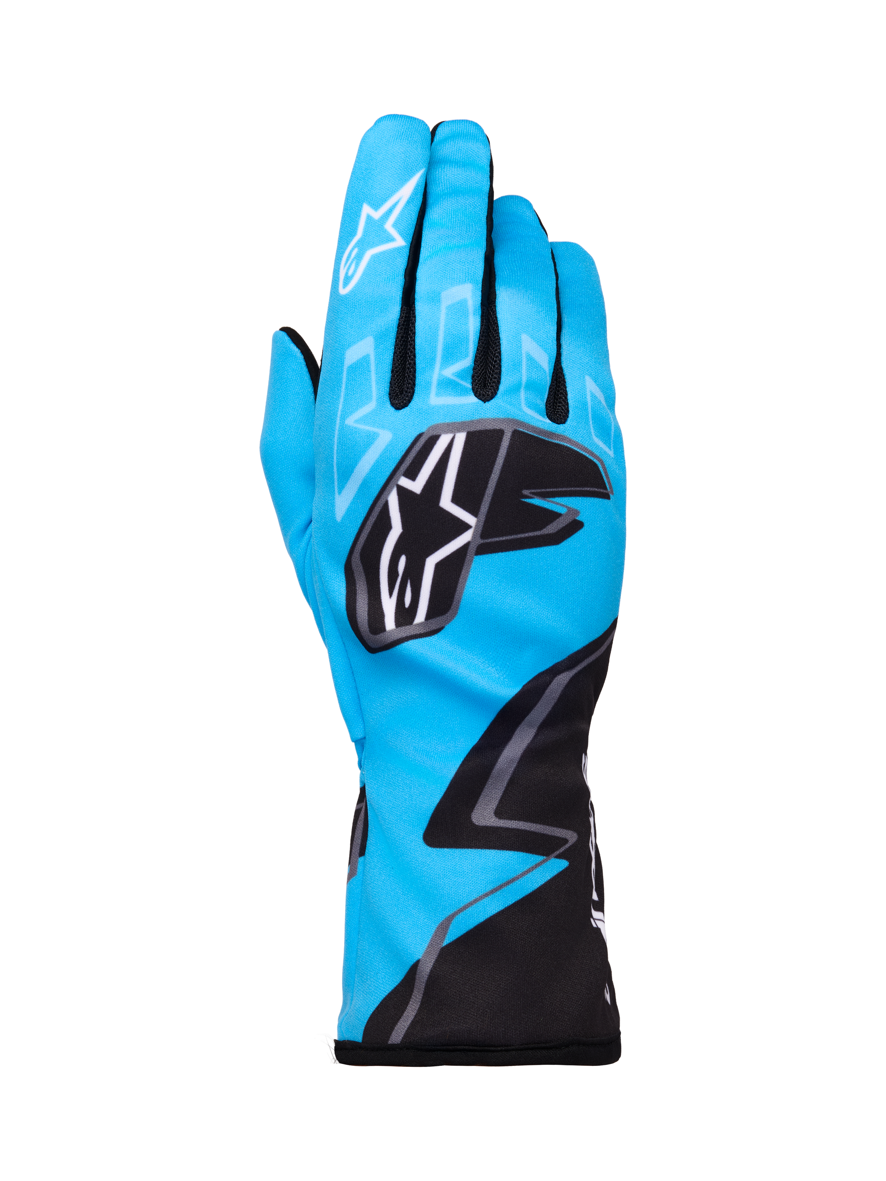 Alpinestars Tech-1 K Race V2 Graphic 1 handschoenen, kartinghandschoenen, cyaan, zwart en wit, voorzien van opvallende geometrische patronen, wit Alpinestars sterlogo op de knokkels, verlengde manchet, lichtgewicht en ademend materiaal voor kartingprestaties