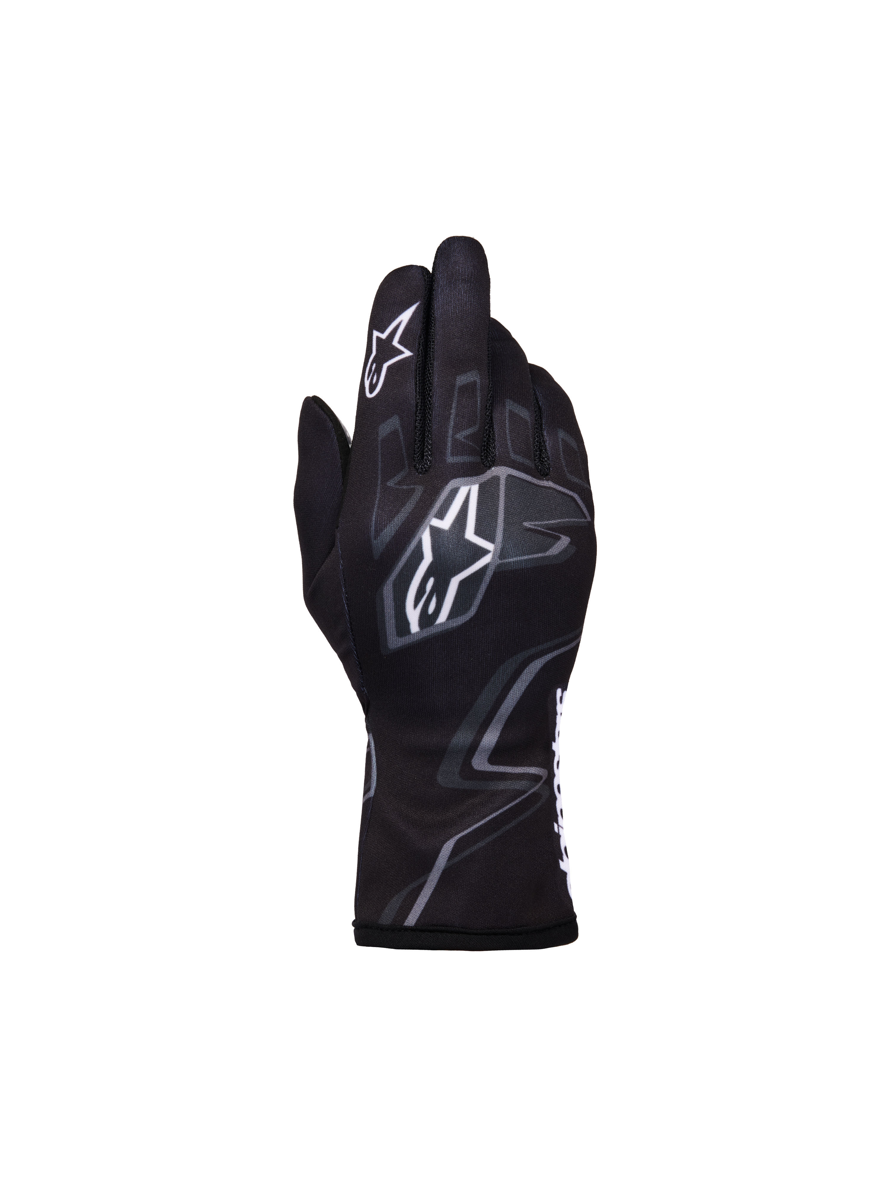 Alpinestars Youth Tech-1 K Race S V2 Graphic 1 Gloves, Youth Karting Gloves, Black Tar Gray and White, featuring bold white Astar logos and gray flame-inspired graphics, lightweight textile construction with a secure elasticated cuff