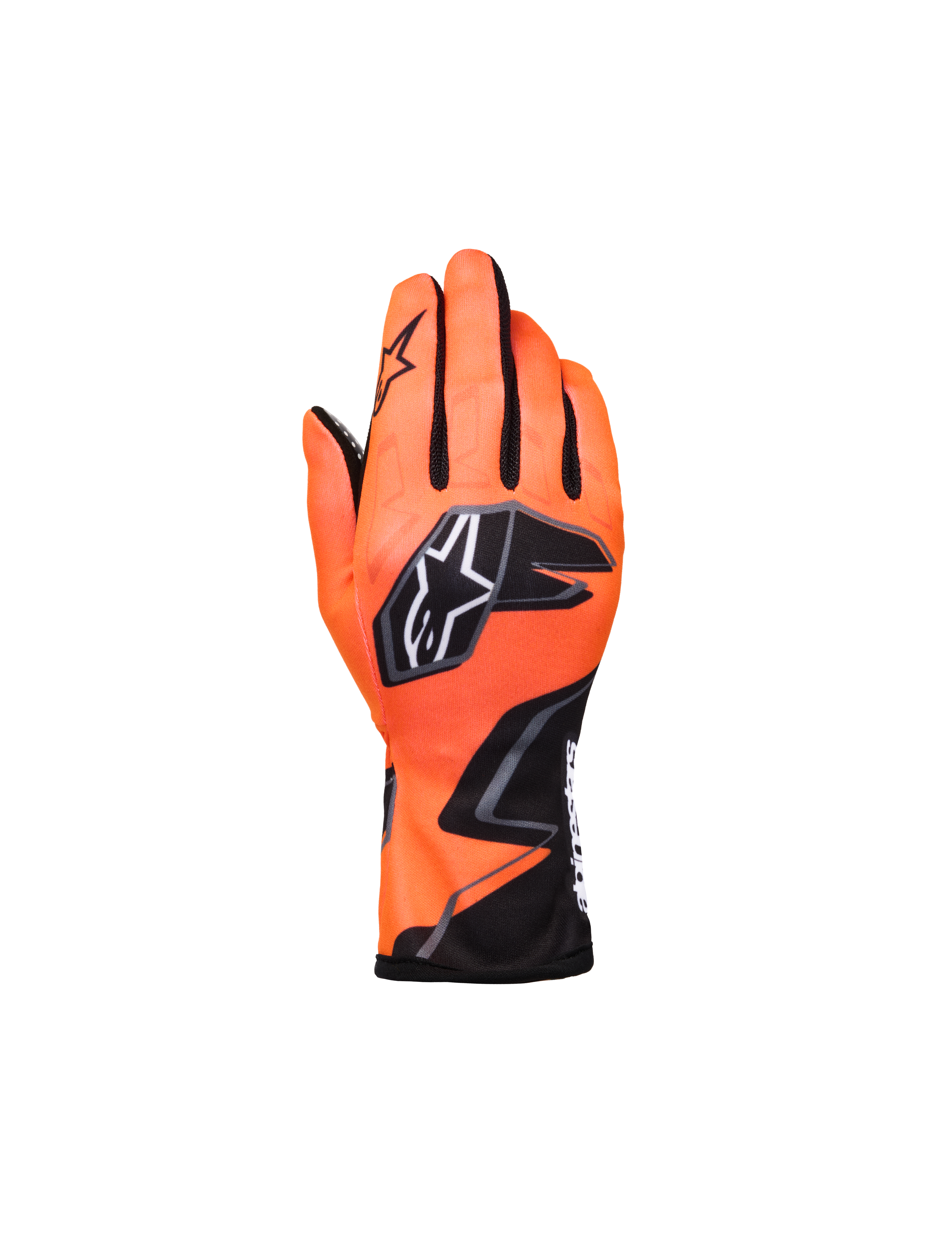 Alpinestars Youth Tech-1 K Race S V2 Graphic 1 Gloves, Karting Racing Gloves, Orange Fluo and Black, featuring a bold star logo and aggressive graphics, backhand view with black mesh finger inserts, lightweight textile construction for youth racing