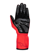 Alpinestars Youth Tech-1 K Race S V2 Pure Gloves, Karting Gloves, Red, palm view highlighting white silicone dotted grip on black synthetic suede, features an elasticated wrist with Alpinestars logo.