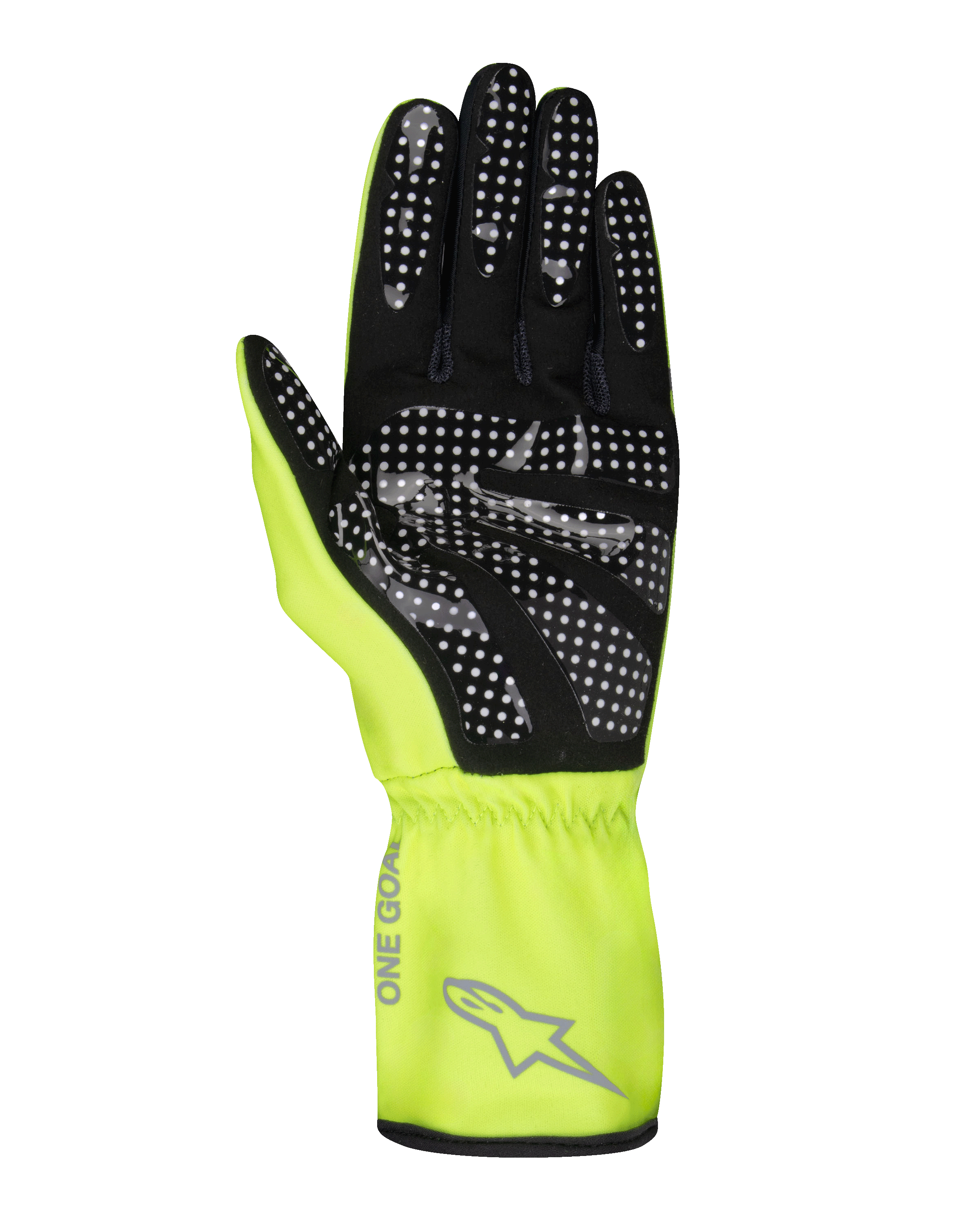Alpinestars Tech-1 K Race V2 Pure Gloves, Karting Gloves, Yellow Fluo and Black, palm view showing white dotted silicone grip pattern, gray Alpinestars logo and 'ONE GOAL' text on the gauntlet cuff, professional motorsport gear
