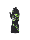 Alpinestars Youth Tempest V3 Waterproof S Gloves, Black with Neon Green and Silver accents, back view showing gauntlet style, fluo green geometric patterns and Astar logos, waterproof karting gloves for youth drivers