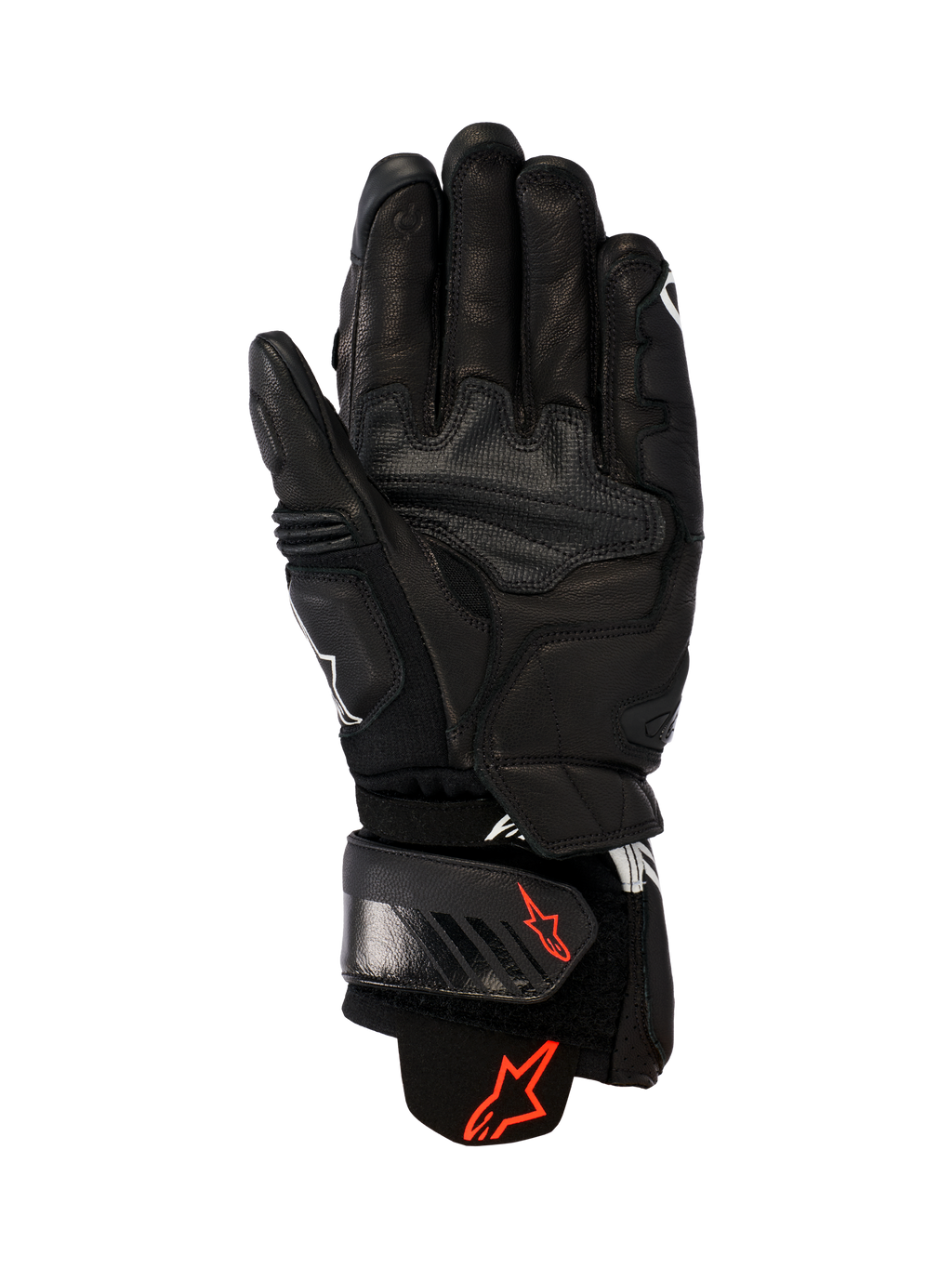 Alpinestars GP Plus R V3 Leren Handschoenen, zwart, palmzicht met duurzame leren constructie, rode Astars-logo's op de polsband en manchet, versterkte grippanelen en een verstelbare sluiting voor race- en sportprestaties.