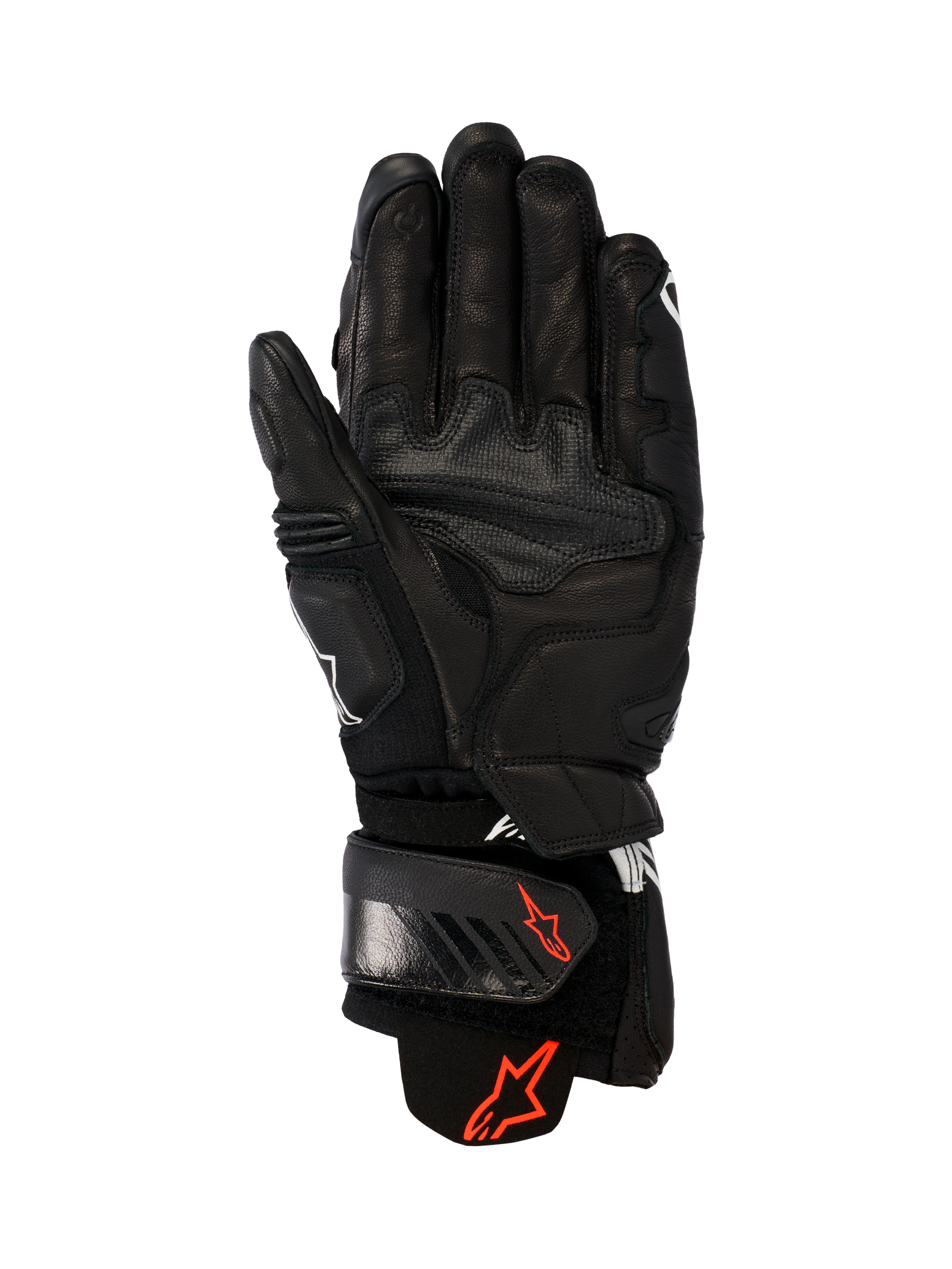 Alpinestars GP Plus R V3 Leren Handschoenen, zwart, palmzicht met duurzame leren constructie, rode Astars-logo's op de polsband en manchet, versterkte grippanelen en een verstelbare sluiting voor race- en sportprestaties.