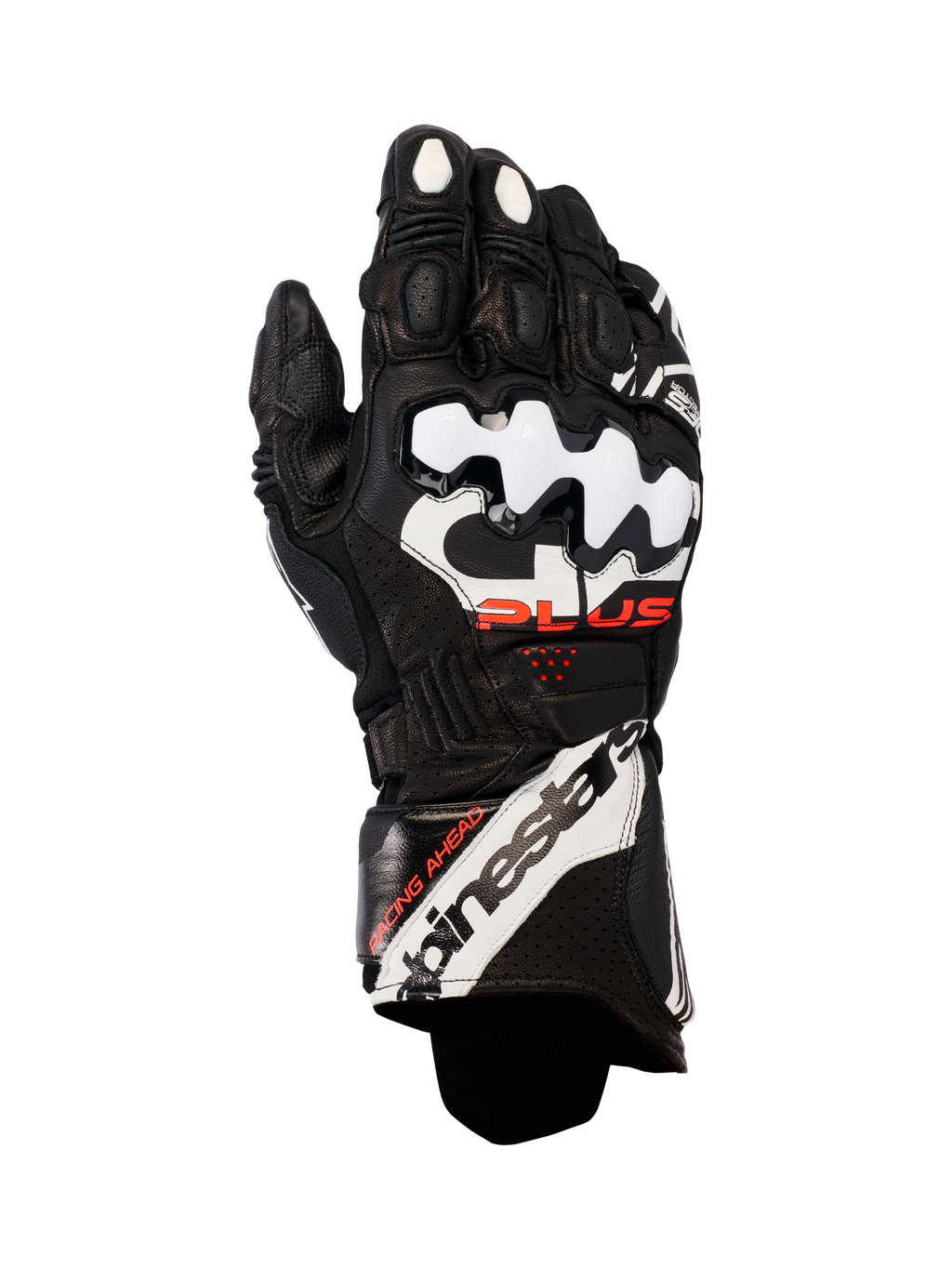 Alpinestars GP Plus R V3 leren motorhandschoenen, race-motorhandschoenen, zwart met witte en rode accenten, voorzien van witte DFS-knokkelbeschermers, geperforeerd leer voor ademend vermogen en opvallende Alpinestars-branding op de manchet