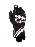 Alpinestars GP Plus R V3 leren motorhandschoenen, race-motorhandschoenen, zwart met witte en rode accenten, voorzien van witte DFS-knokkelbeschermers, geperforeerd leer voor ademend vermogen en opvallende Alpinestars-branding op de manchet