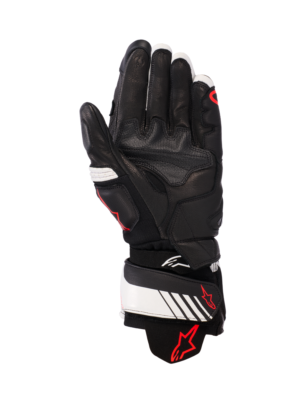 Alpinestars GP Plus R v3 leren handschoenen, zwart, wit en fluorood, palmzicht met volledige leren constructie en versterkte padding, witte polsband met rood Alpinestars-logo, op de racerij geïnspireerde beschermende kleding voor motorrijders