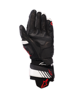 Alpinestars GP Plus R v3 leren handschoenen, zwart, wit en fluorood, palmzicht met volledige leren constructie en versterkte padding, witte polsband met rood Alpinestars-logo, op de racerij geïnspireerde beschermende kleding voor motorrijders
