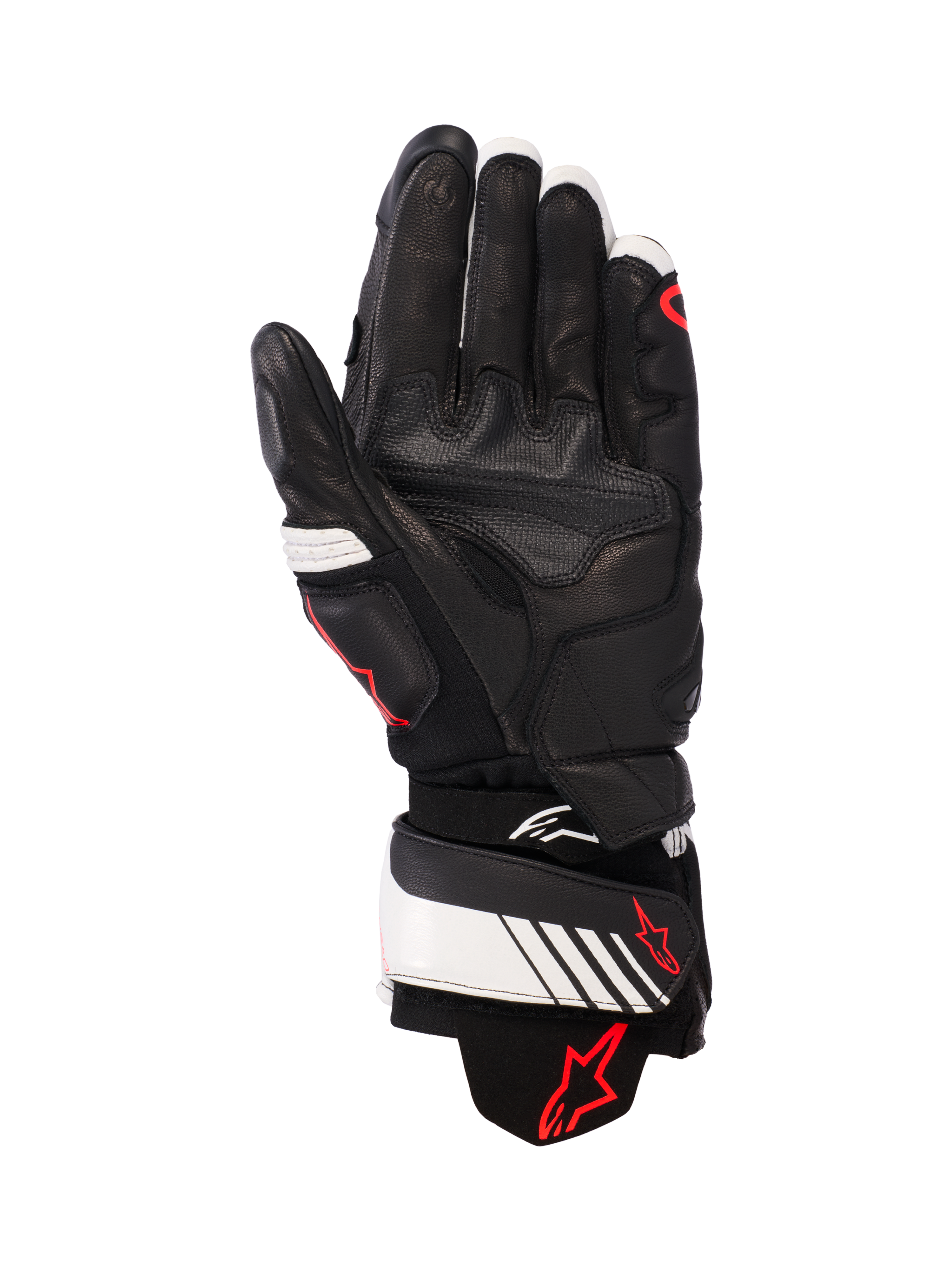 Alpinestars GP Plus R v3 leren handschoenen, zwart, wit en fluorood, palmzicht met volledige leren constructie en versterkte padding, witte polsband met rood Alpinestars-logo, op de racerij geïnspireerde beschermende kleding voor motorrijders