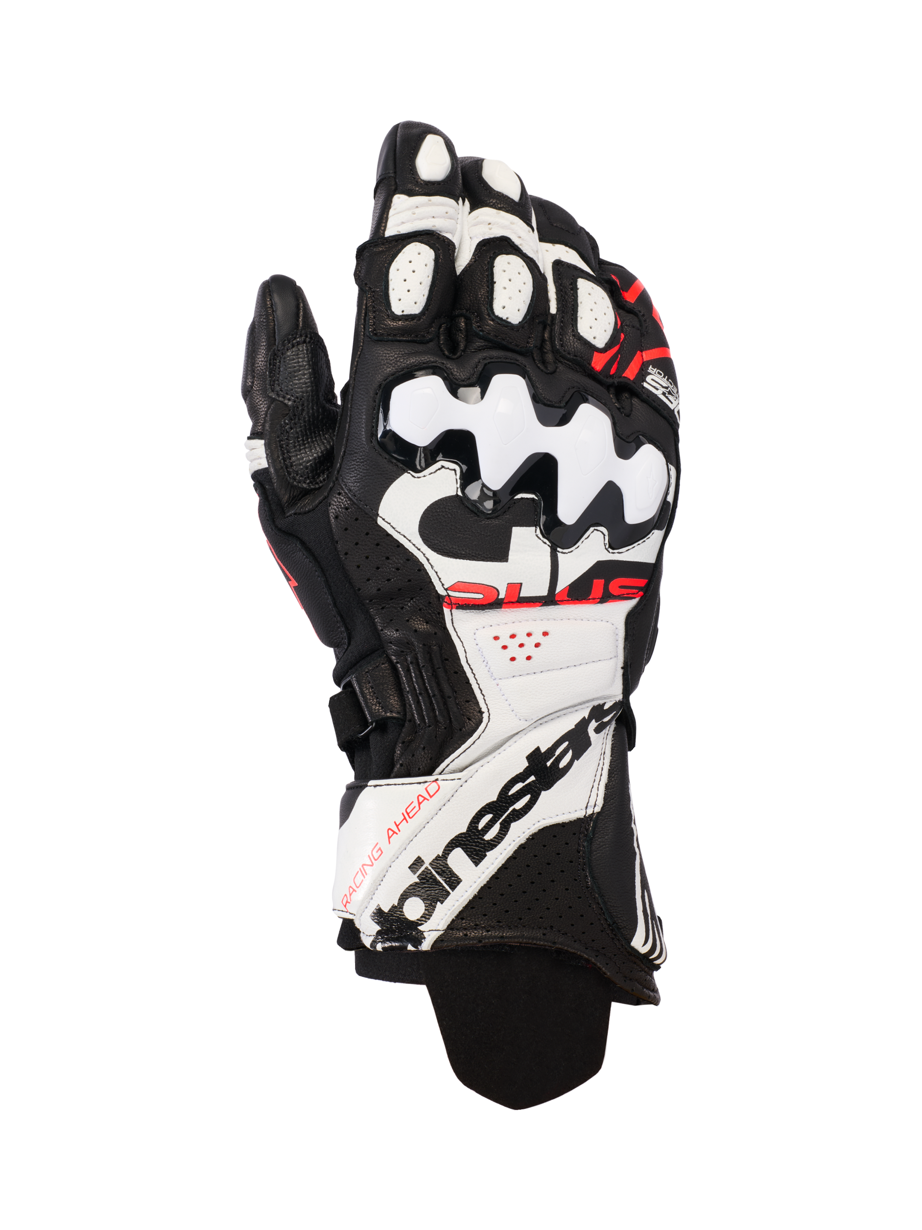 Alpinestars GP Plus R V3 lederen motorhandschoenen, racing handschoenen, zwart, wit en fluorood, hoogwaardige lederen constructie met harde TPU-knokkelbescherming, geperforeerde panelen voor ventilatie, opvallende branding op de verlengde manchet