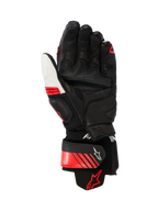 Alpinestars GP Plus R V3 leren handschoenen, race/sport motorhandschoenen, zwart, wit en felrood, palmzicht met versterkte leren constructie, handpalm-sliders en een manchet van aramide stretchstof, voorzien van een veilige polsband met Alpinestars-logo en ergonomisch voorgevormd ontwerp