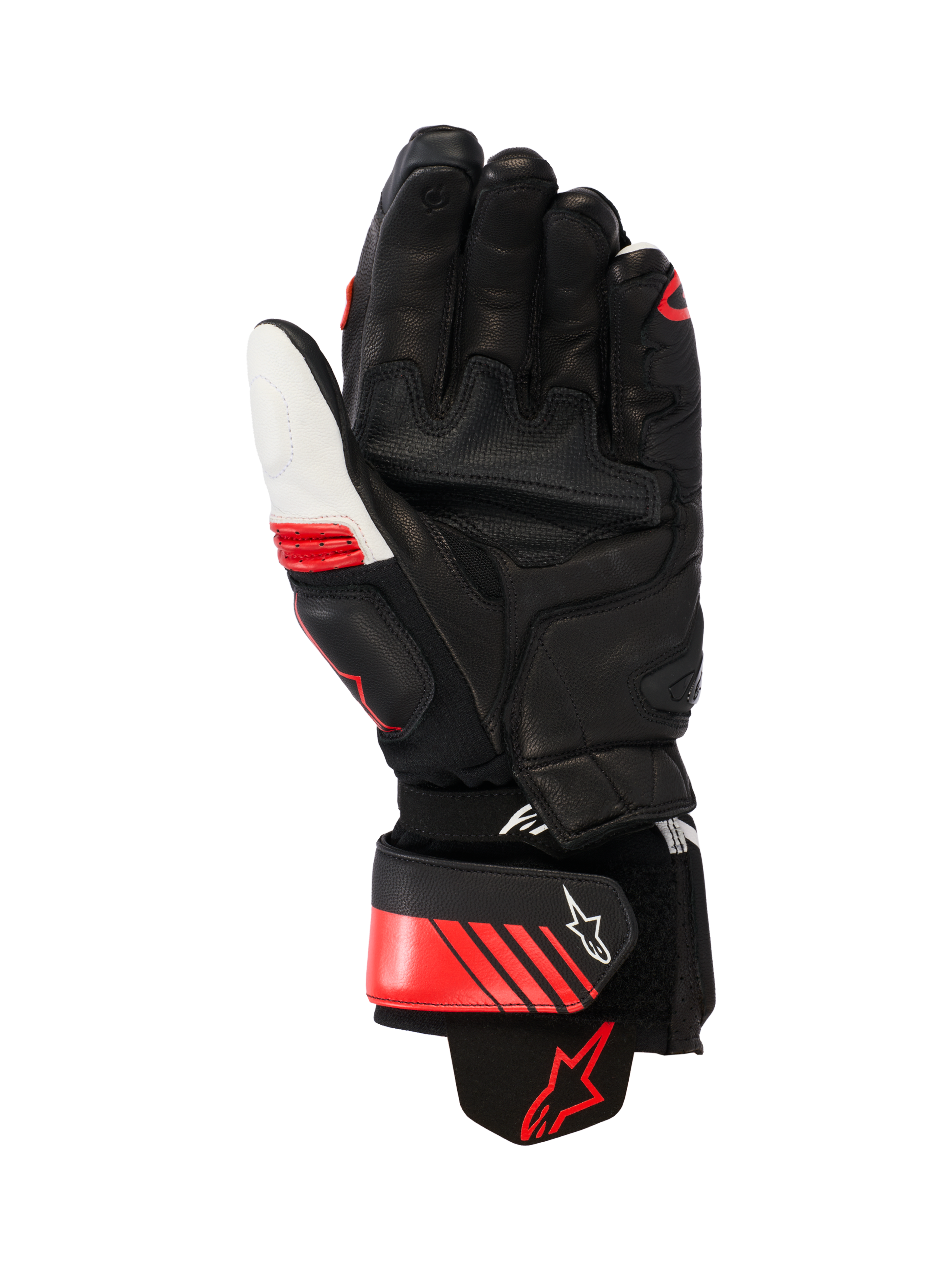 Alpinestars GP Plus R V3 leren handschoenen, race/sport motorhandschoenen, zwart, wit en felrood, palmzicht met versterkte leren constructie, handpalm-sliders en een manchet van aramide stretchstof, voorzien van een veilige polsband met Alpinestars-logo en ergonomisch voorgevormd ontwerp