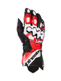 Alpinestars GP Plus R V3 leren motorhandschoenen, motorracehandschoenen, zwart wit en helderrood, met een grote witte knokkelbeschermer met zwarte golfpatronen, geperforeerde leren panelen voor ventilatie en Alpinestars branding op de manchet