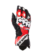 Alpinestars GP Plus R V3 leren motorhandschoenen, motorracehandschoenen, zwart wit en helderrood, met een grote witte knokkelbeschermer met zwarte golfpatronen, geperforeerde leren panelen voor ventilatie en Alpinestars branding op de manchet