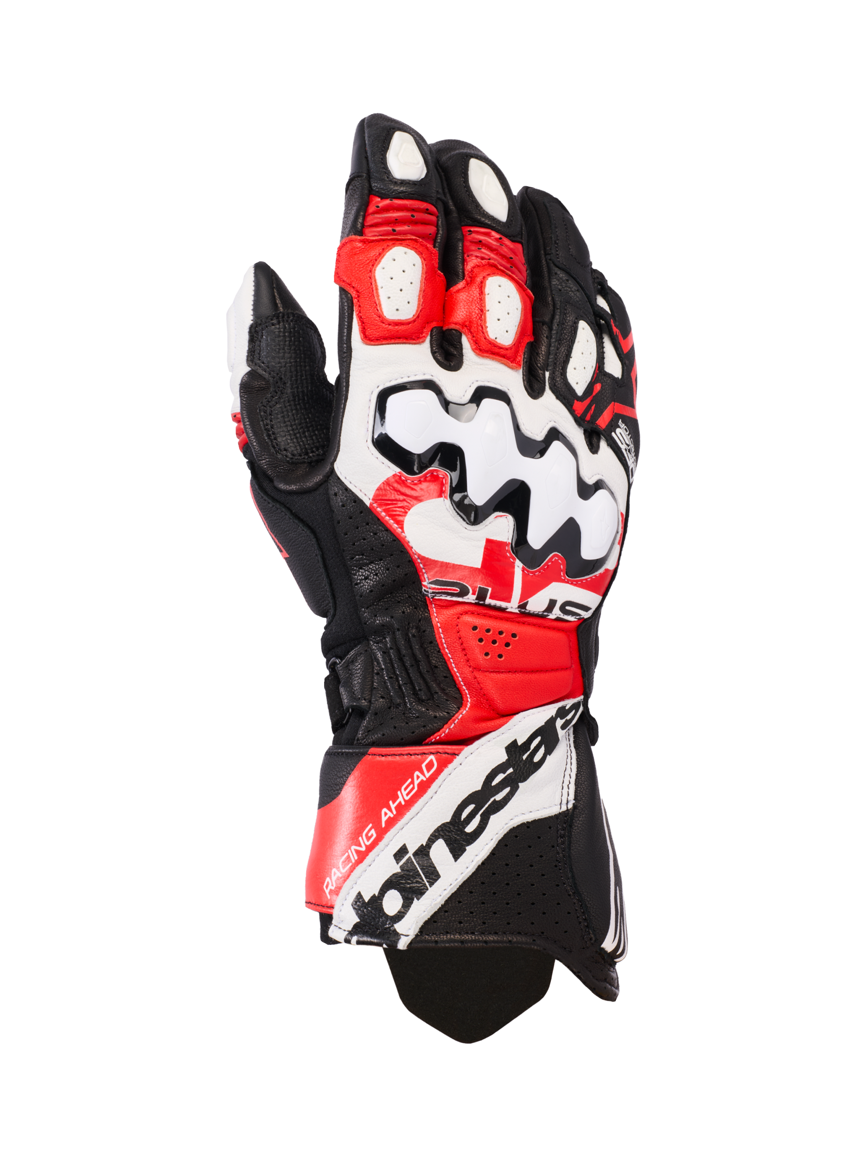 Alpinestars GP Plus R V3 leren motorhandschoenen, motorracehandschoenen, zwart wit en helderrood, met een grote witte knokkelbeschermer met zwarte golfpatronen, geperforeerde leren panelen voor ventilatie en Alpinestars branding op de manchet