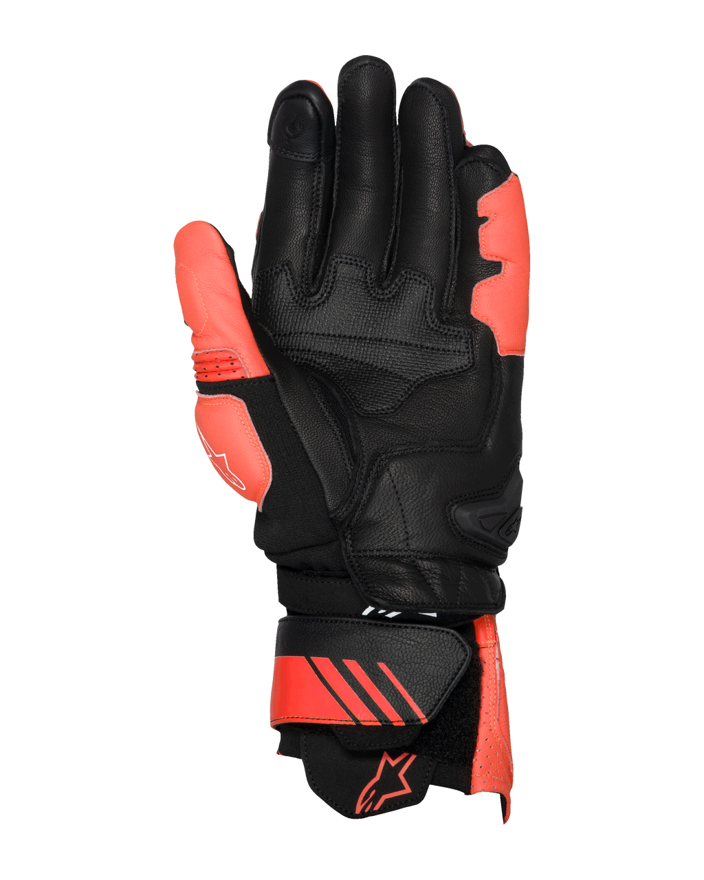Alpinestars GP Plus R V3 lederen handschoenen, helderrood, fluorood en zwart, aanzicht van de handpalm, voorzien van versterkte lederen palm- en duimzones, verstelbare manchet met rode accenten en logo, professioneel race-ontwerp