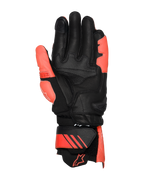 Alpinestars GP Plus R V3 lederen handschoenen, helderrood, fluorood en zwart, aanzicht van de handpalm, voorzien van versterkte lederen palm- en duimzones, verstelbare manchet met rode accenten en logo, professioneel race-ontwerp