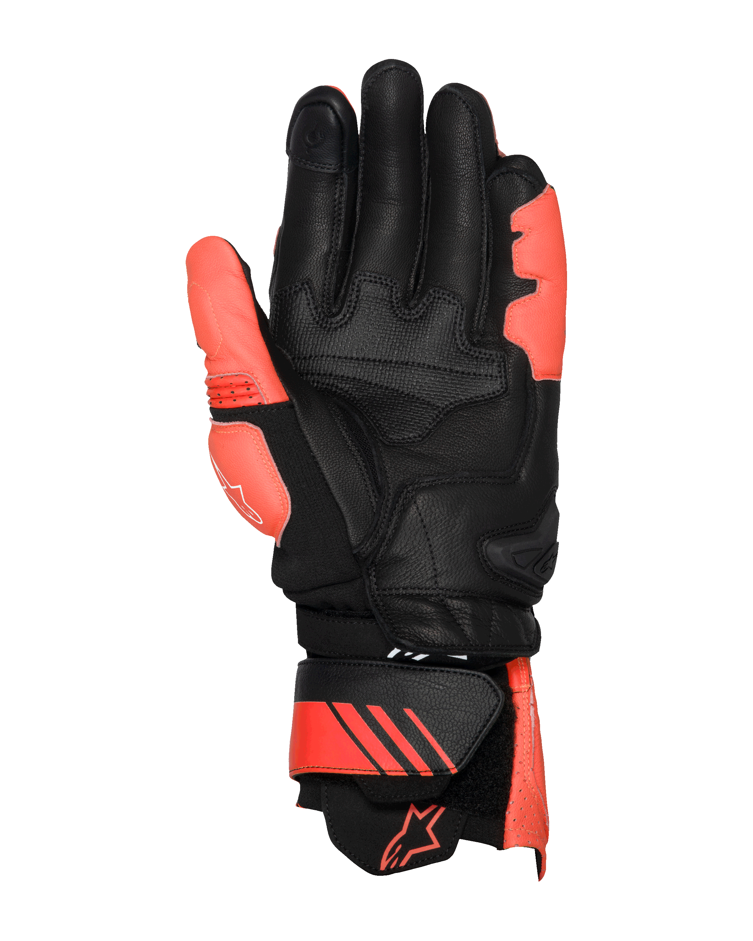 Alpinestars GP Plus R V3 lederen handschoenen, helderrood, fluorood en zwart, aanzicht van de handpalm, voorzien van versterkte lederen palm- en duimzones, verstelbare manchet met rode accenten en logo, professioneel race-ontwerp