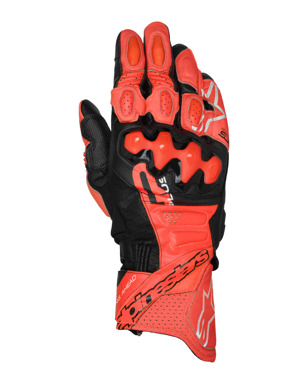 Alpinestars GP Plus R V3 leren handschoenen, motorhandschoenen voor racing, helderrood, fluo rood en zwart, bovenaanzicht met premium leren constructie, TPU dual-density knokkelbeschermers, geperforeerde ventilatiegedeelten, vingersliders en opvallende Alpinestars-branding op de manchet.