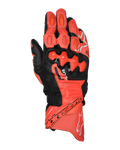 Alpinestars GP Plus R V3 leren handschoenen, motorhandschoenen voor racing, helderrood, fluo rood en zwart, bovenaanzicht met premium leren constructie, TPU dual-density knokkelbeschermers, geperforeerde ventilatiegedeelten, vingersliders en opvallende Alpinestars-branding op de manchet.