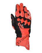 Alpinestars GP Plus R V3 leren handschoenen, motorhandschoenen voor racing, helderrood, fluo rood en zwart, bovenaanzicht met premium leren constructie, TPU dual-density knokkelbeschermers, geperforeerde ventilatiegedeelten, vingersliders en opvallende Alpinestars-branding op de manchet.