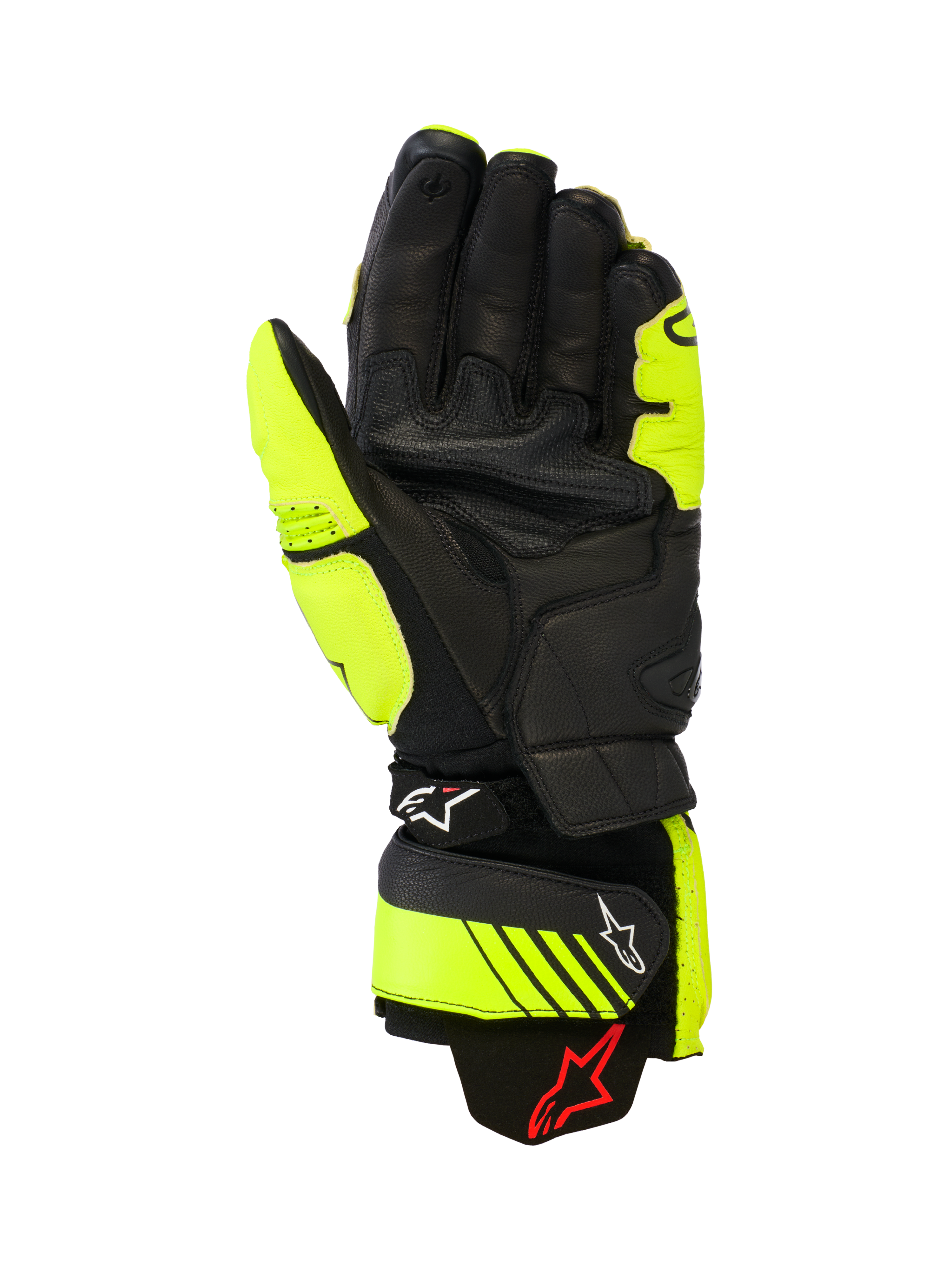 Alpinestars GP Plus R V3 lederen handschoenen, race- en sportmotorhandschoenen, fluogeel en zwart, palmzicht met lederen constructie, versterkte gripvlakken en verstelbare manchetsluitingen met Alpinestars-branding, hoogwaardige circuituitrusting