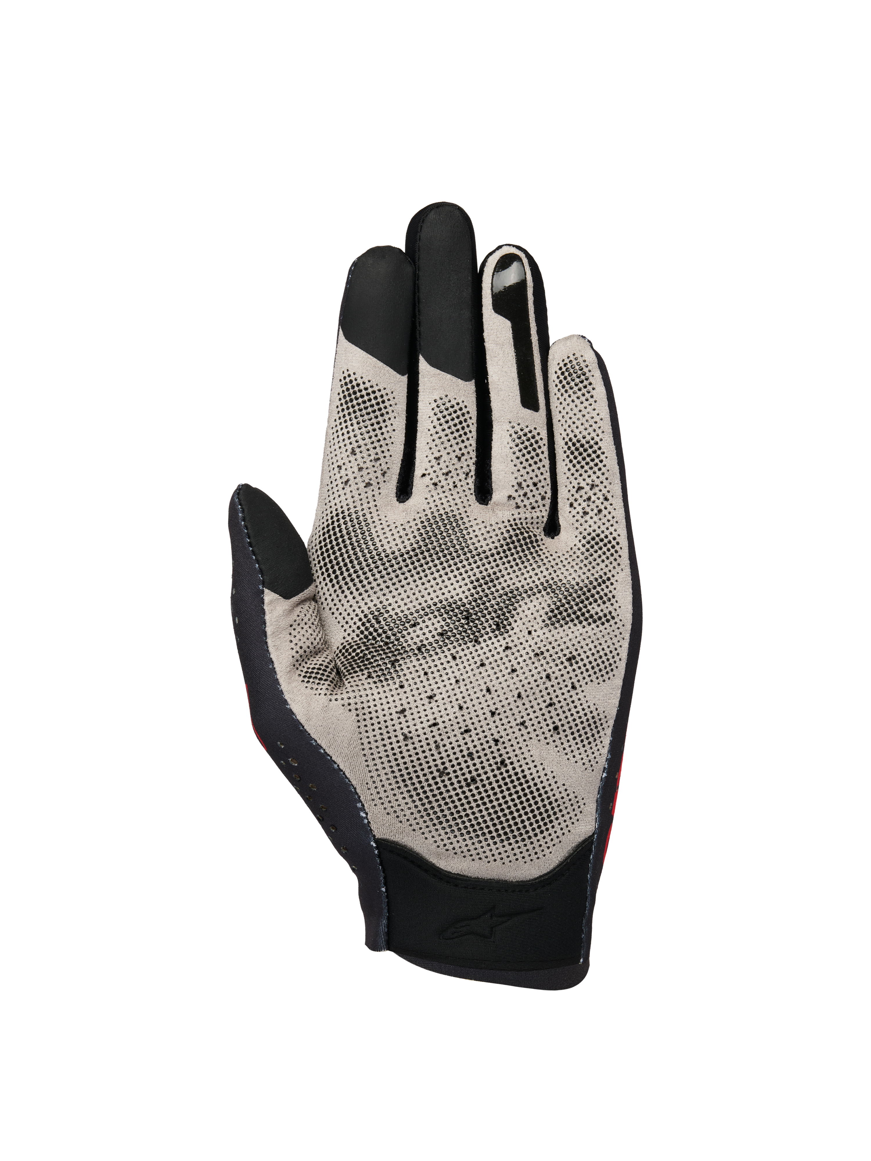 Alpinestars Sim Gloves Graphic 1, SIM-racehandschoenen, palmaanzicht in lichtgrijs en zwart, voorzien van Nanofront-stof met een getextureerd 3D-grippatroon, touchscreen-compatibele vingertoppen en ademend geperforeerd ontwerp.