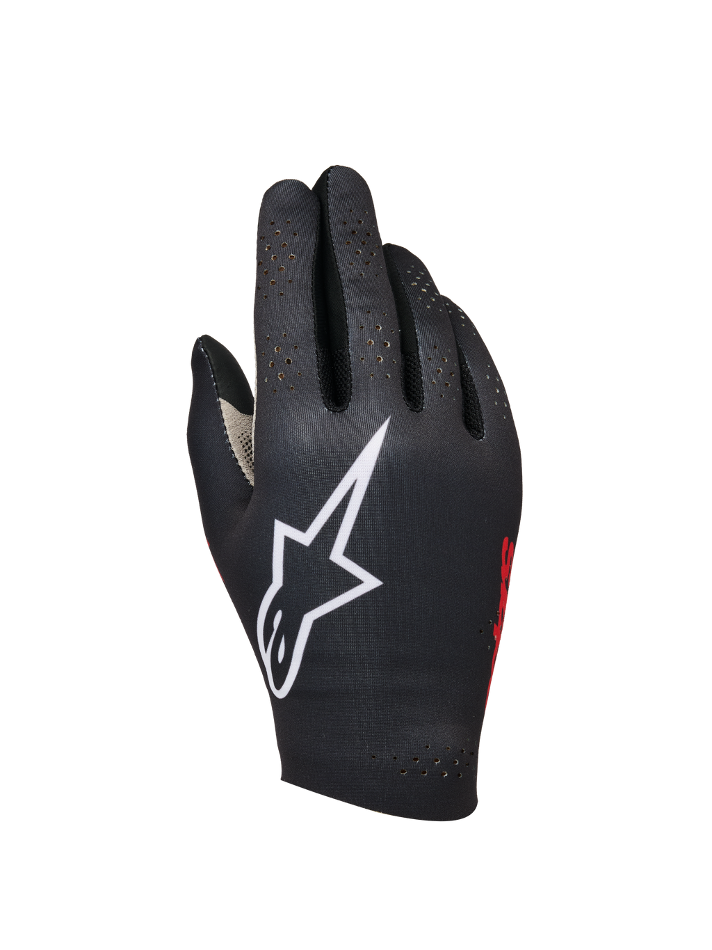 Alpinestars Sim Gloves Graphic 1, sim-racehandschoenen, zwart met groot wit sterlogo, rode merkdetails aan de zijkant, geperforeerd ontwerp voor ventilatie, lichtgewicht gebonden stretchstof