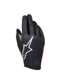 Alpinestars Sim Gloves Graphic 1, sim-racehandschoenen, zwart met groot wit sterlogo, rode merkdetails aan de zijkant, geperforeerd ontwerp voor ventilatie, lichtgewicht gebonden stretchstof