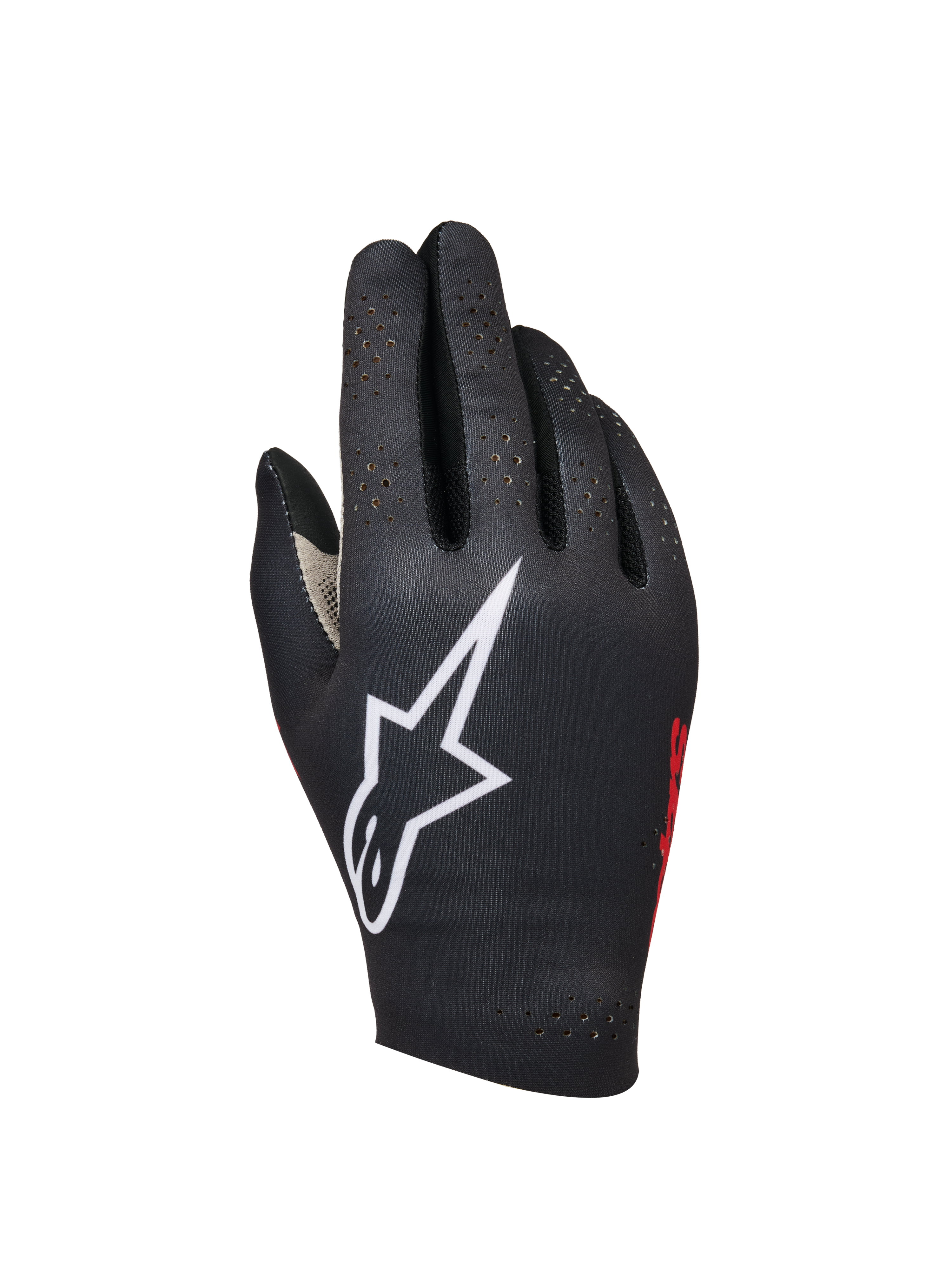 Alpinestars Sim Gloves Graphic 1, sim-racehandschoenen, zwart met groot wit sterlogo, rode merkdetails aan de zijkant, geperforeerd ontwerp voor ventilatie, lichtgewicht gebonden stretchstof