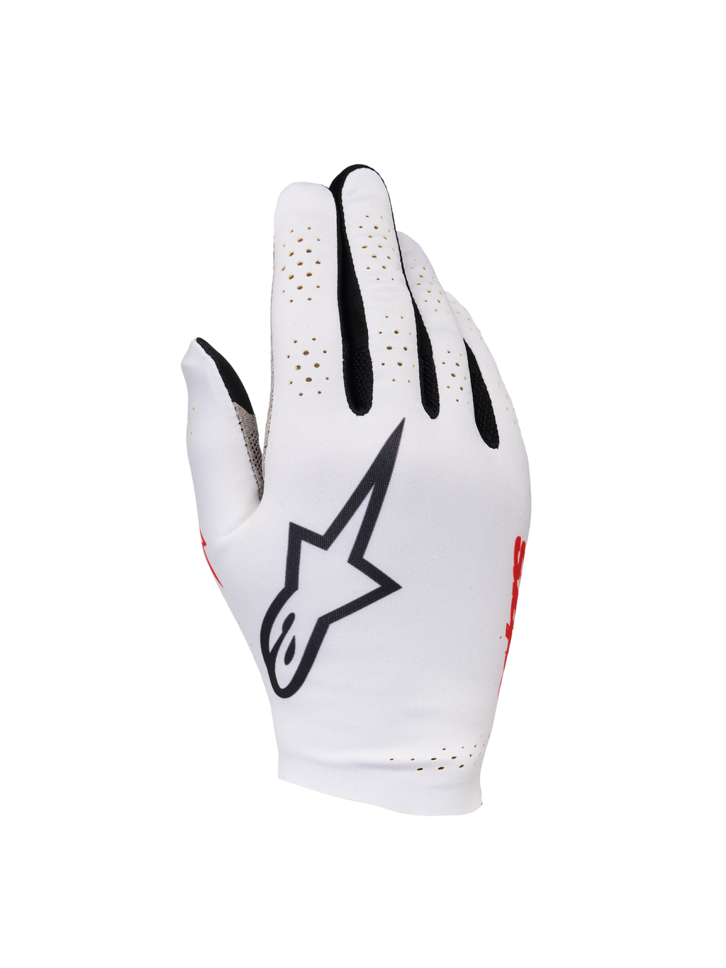 Alpinestars Sim Gloves Graphic 1, SIM-racehandschoenen, Silver Ice met zwarte en rode accenten, voorzien van een opvallend zwart sterlogo op de handrug, geperforeerde vingerpanelen voor ventilatie en een lichtgewicht textielontwerp voor precisie tijdens het gamen.