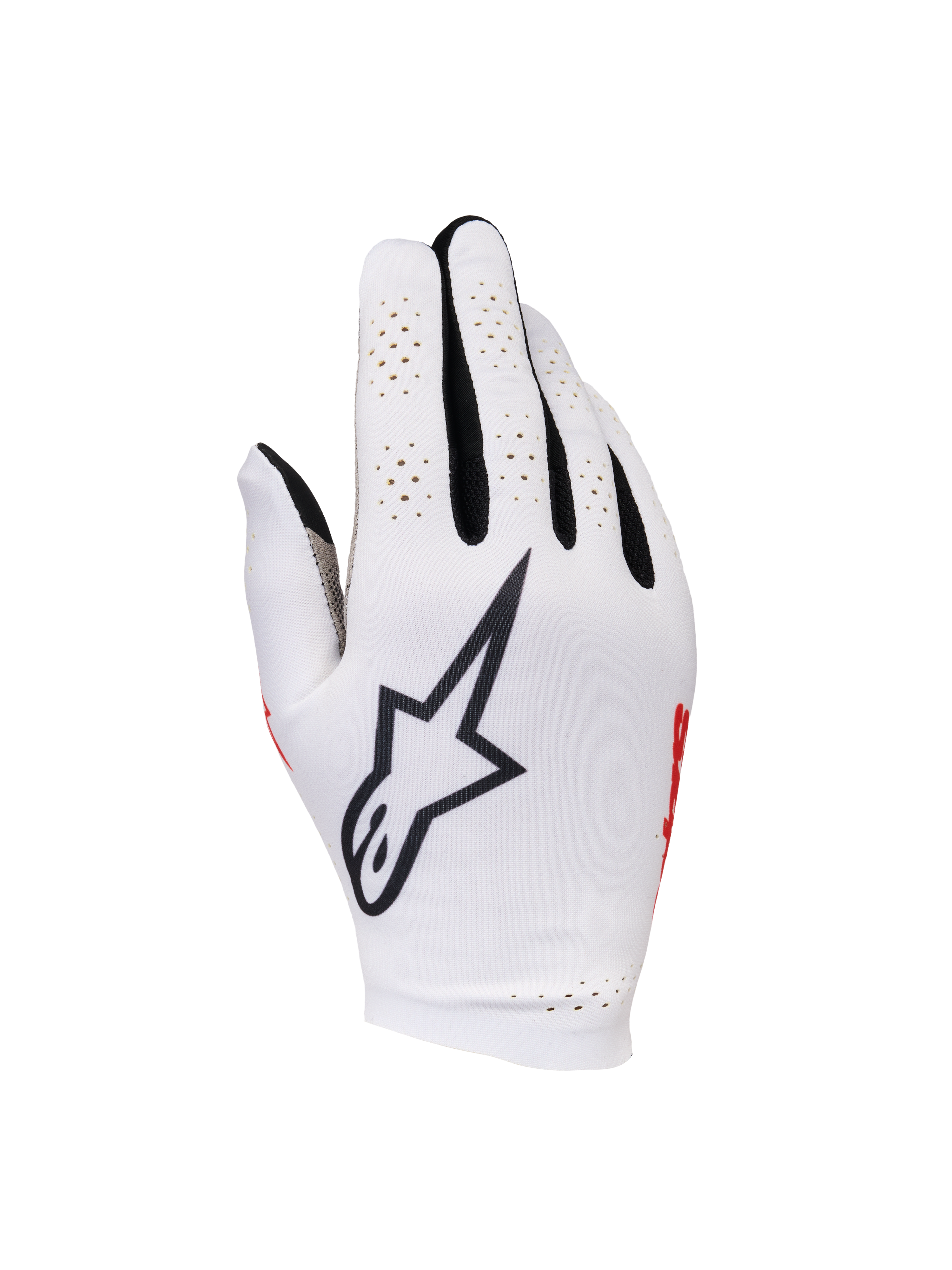 Alpinestars Sim Gloves Graphic 1, SIM-racehandschoenen, Silver Ice met zwarte en rode accenten, voorzien van een opvallend zwart sterlogo op de handrug, geperforeerde vingerpanelen voor ventilatie en een lichtgewicht textielontwerp voor precisie tijdens het gamen.
