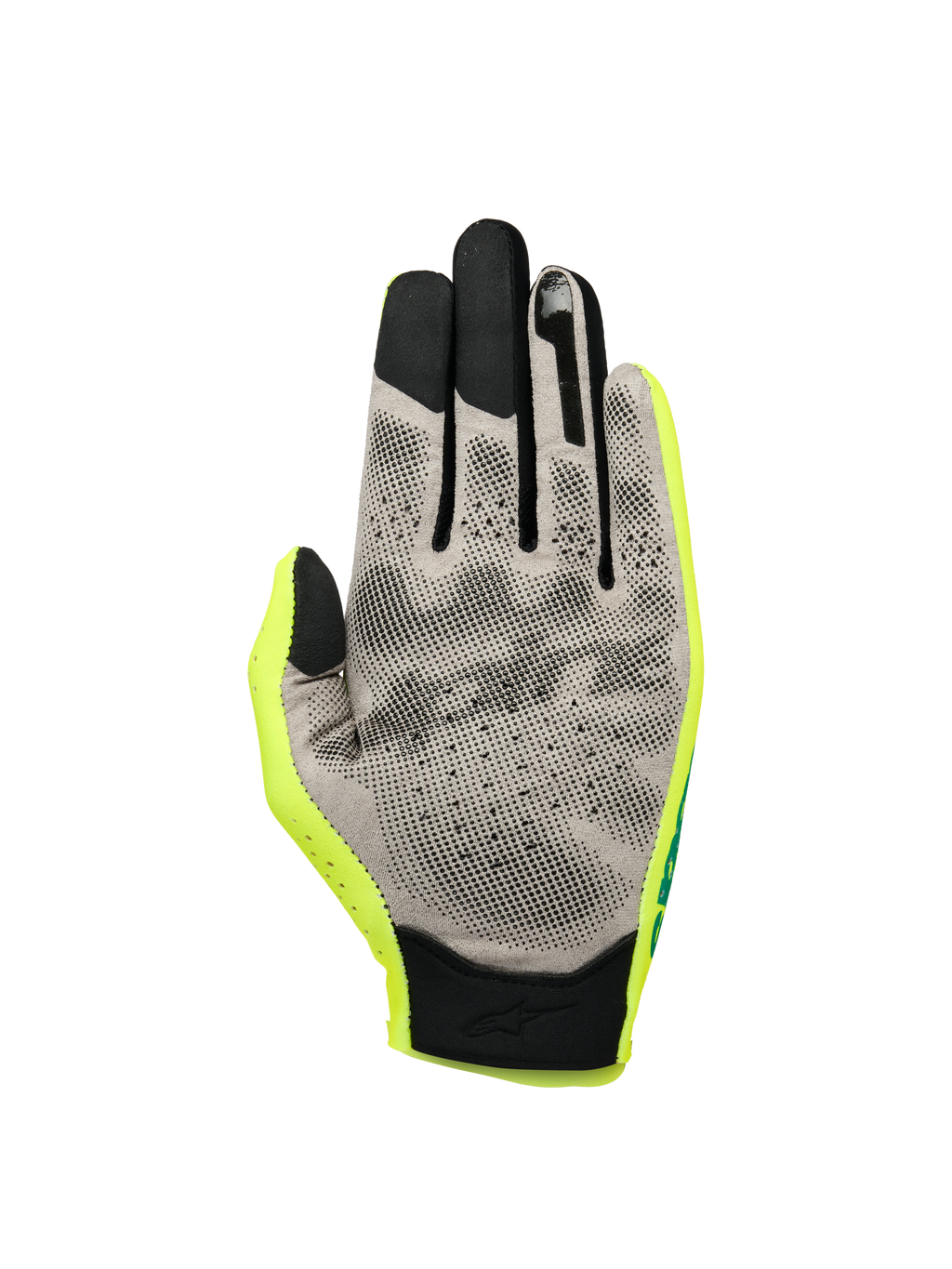 Alpinestars Sim Handschoenen Graphic 1, SIM-racehandschoenen, Safety Yellow, zwart en turquoise, handpalm-aanzicht met grijs Nanofront®-materiaal en zwart 3D-grippatroon, touchscreen-compatibele vingertoppen en lichtgewicht textielconstructie