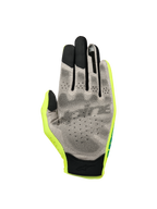 Alpinestars Sim Handschoenen Graphic 1, SIM-racehandschoenen, Safety Yellow, zwart en turquoise, handpalm-aanzicht met grijs Nanofront®-materiaal en zwart 3D-grippatroon, touchscreen-compatibele vingertoppen en lichtgewicht textielconstructie