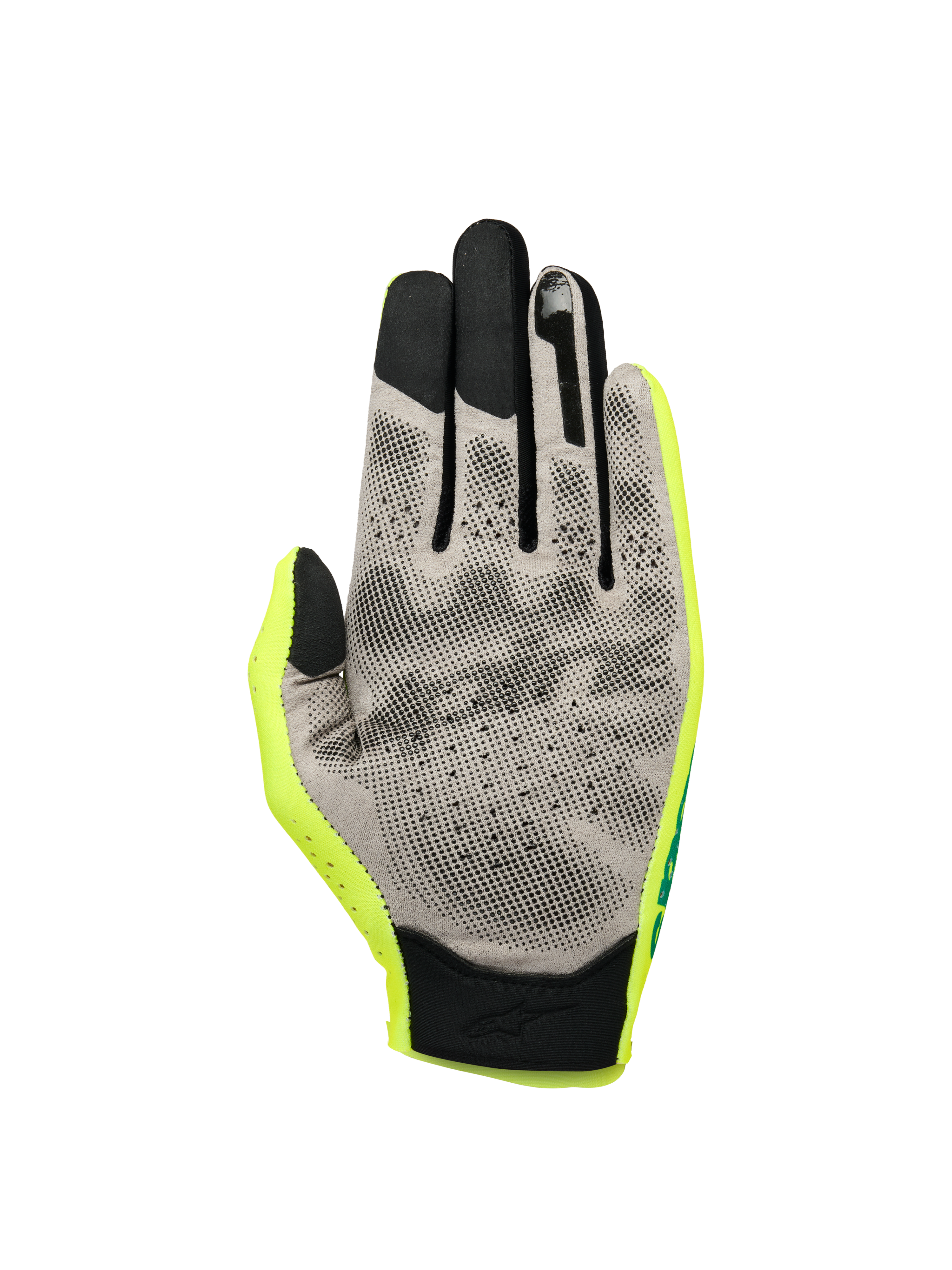 Alpinestars Sim Handschoenen Graphic 1, SIM-racehandschoenen, Safety Yellow, zwart en turquoise, handpalm-aanzicht met grijs Nanofront®-materiaal en zwart 3D-grippatroon, touchscreen-compatibele vingertoppen en lichtgewicht textielconstructie