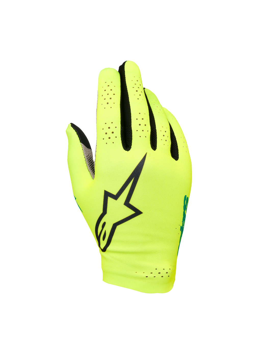 Alpinestars Sim Gloves Graphic 1, simracinghandschoenen, felgeel en zwart met turquoise accenten, groot zwart sterlogo, geperforeerd lichtgewicht stretchmateriaal voor ventilatie, kort manchetontwerp voor precisie tijdens het gamen