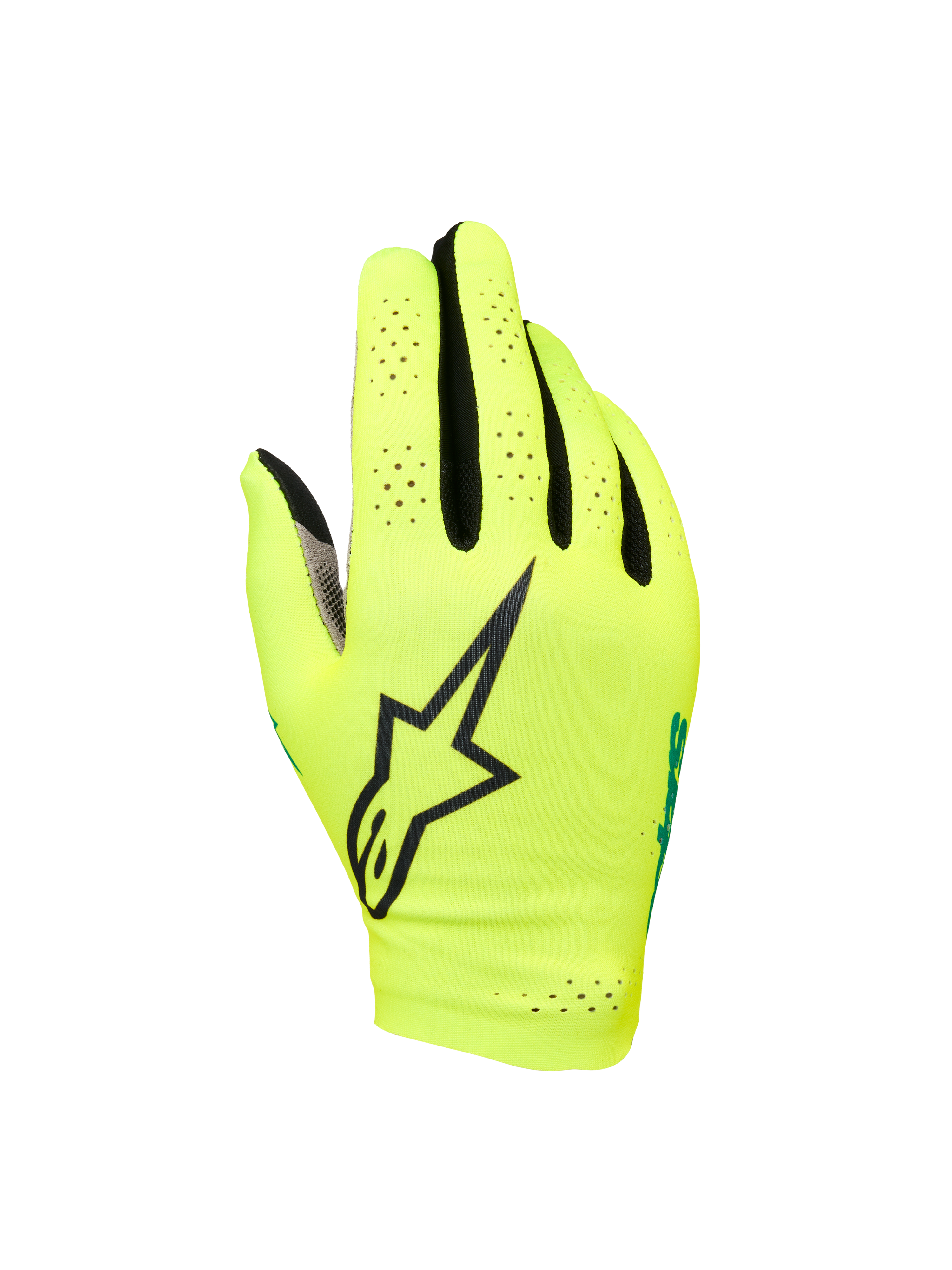 Alpinestars Sim Gloves Graphic 1, simracinghandschoenen, felgeel en zwart met turquoise accenten, groot zwart sterlogo, geperforeerd lichtgewicht stretchmateriaal voor ventilatie, kort manchetontwerp voor precisie tijdens het gamen