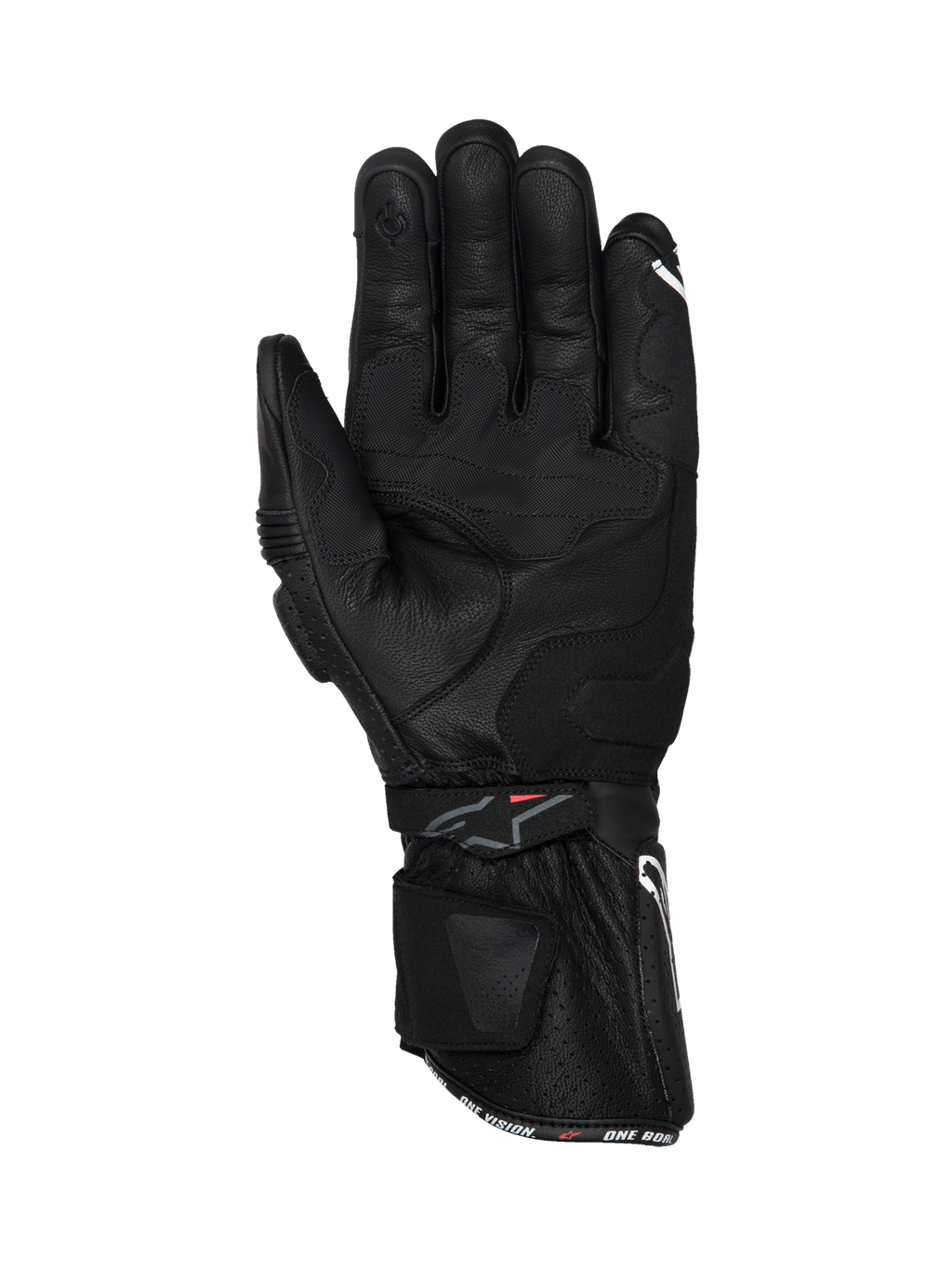 Alpinestars SP-3 black leather motorcycle racing gloves, palm view with long cuff and reinforced grip for road riding.