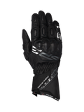 Alpinestars SP-3 motorhandschoenen van zwart leer, racing model met lange manchet, geïntegreerde knokkelbescherming en CE-gecertificeerd.