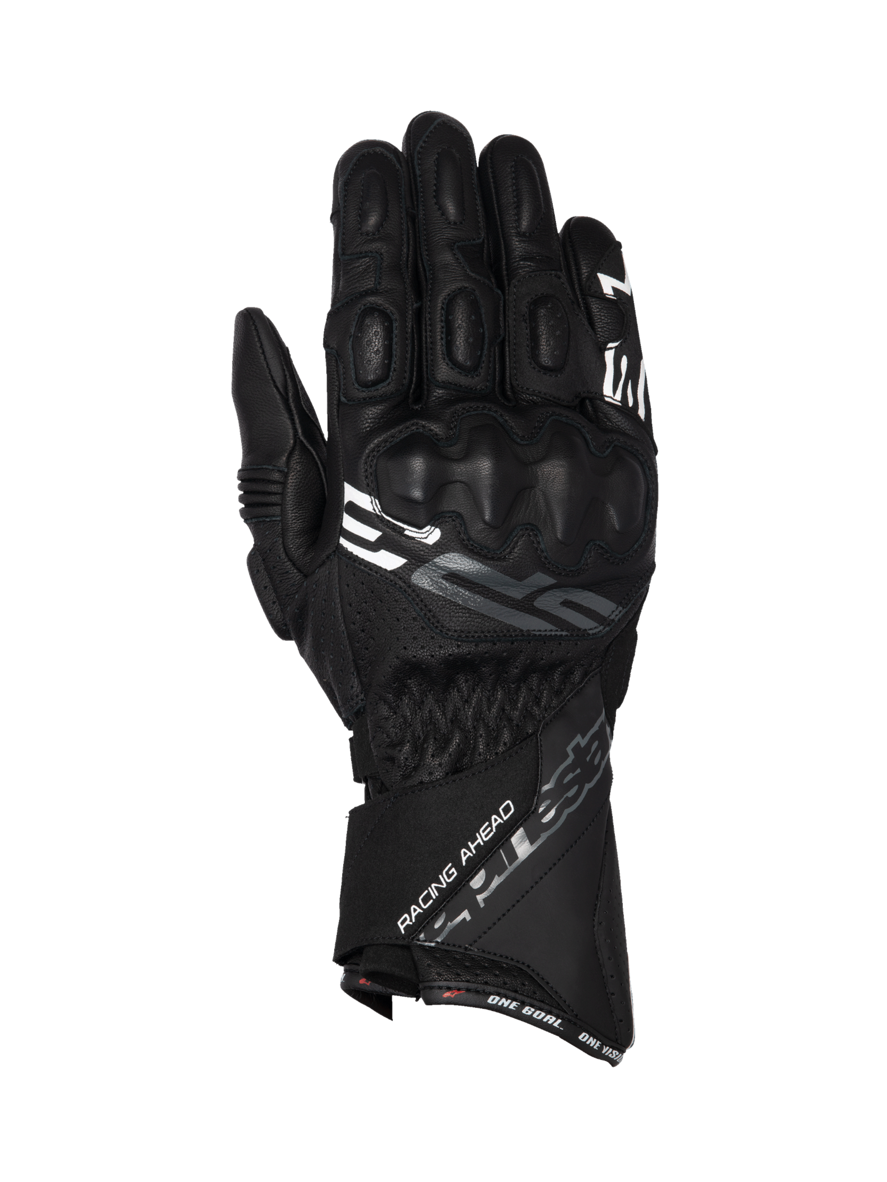 Alpinestars SP-3 motorhandschoenen van zwart leer, racing model met lange manchet, geïntegreerde knokkelbescherming en CE-gecertificeerd.
