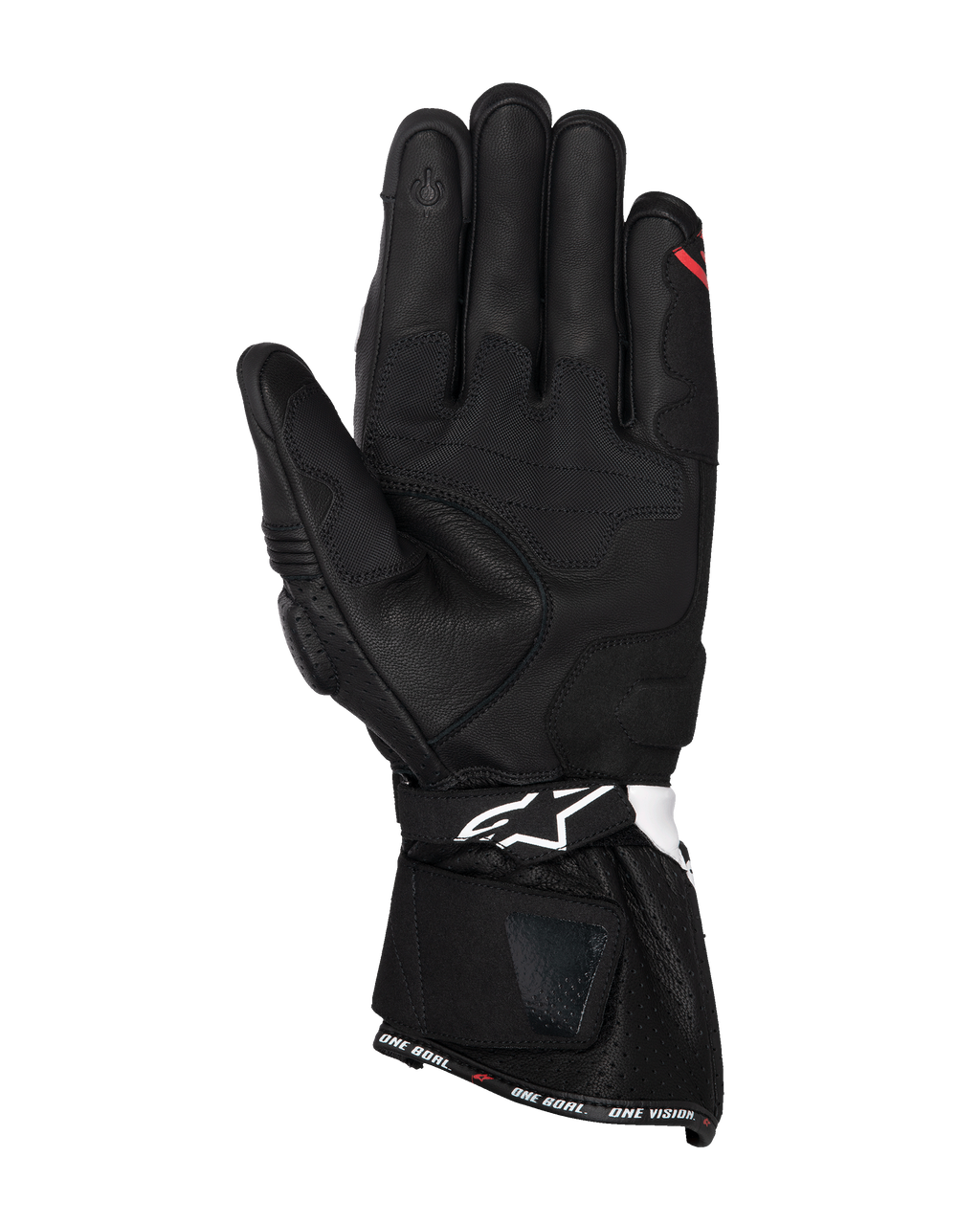 Alpinestars SP-3 handschoenen, zwarte leren motorhandschoenen, handpalmaanzicht met versterkte grippanelen, touchscreen-compatibele wijsvinger, lange manchet met wit logo op de polsband en 'ONE GOAL. ONE VISION.' branding op de zoom.