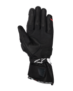 Alpinestars SP-3 handschoenen, zwarte leren motorhandschoenen, handpalmaanzicht met versterkte grippanelen, touchscreen-compatibele wijsvinger, lange manchet met wit logo op de polsband en 'ONE GOAL. ONE VISION.' branding op de zoom.