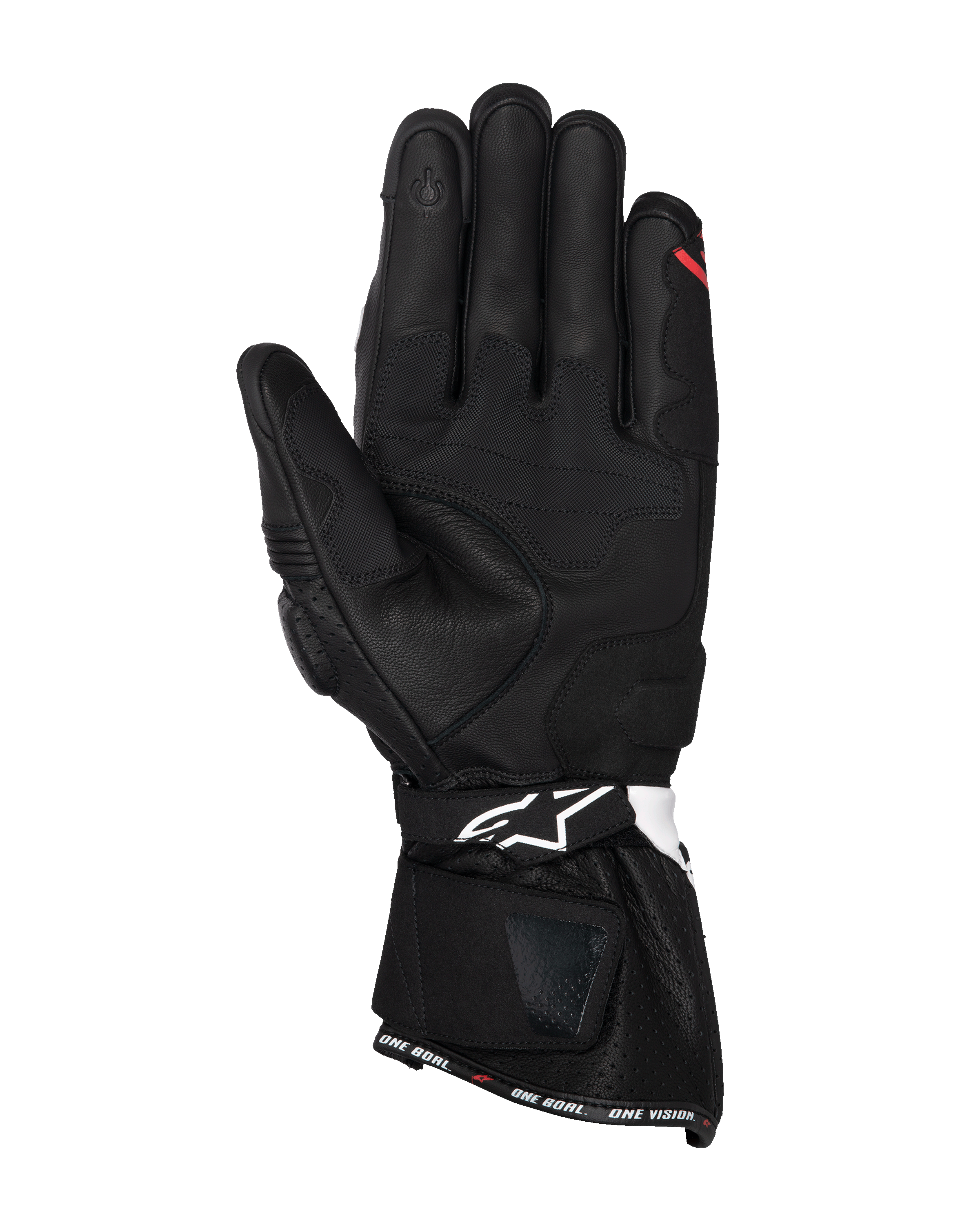 Alpinestars SP-3 handschoenen, zwarte leren motorhandschoenen, handpalmaanzicht met versterkte grippanelen, touchscreen-compatibele wijsvinger, lange manchet met wit logo op de polsband en 'ONE GOAL. ONE VISION.' branding op de zoom.
