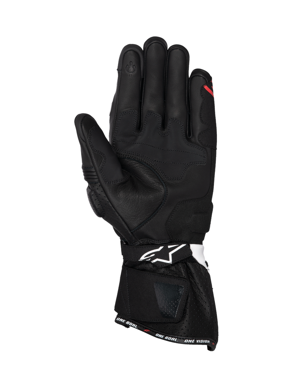 Alpinestars SP-3 Men's Racing Gloves, Black leather palm view with white and red accents and touchscreen compatible tip.