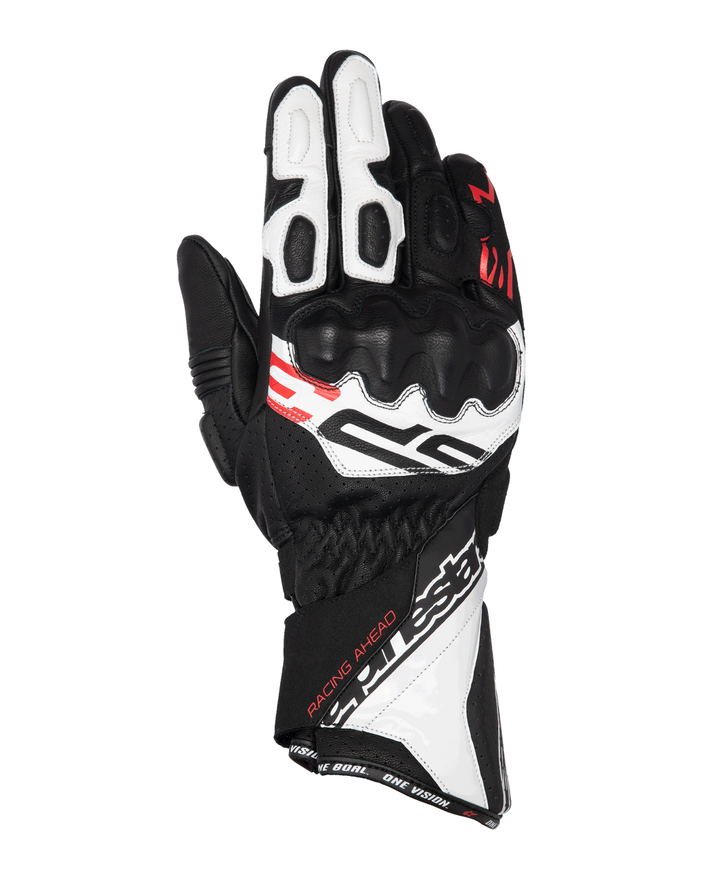 Alpinestars SP-3 handschoenen, motorracehandschoenen, zwart, wit en fluo rood, ontwerp met lange manchet en versterkte knokkelbescherming, geperforeerde lederen constructie, met de tekst 'Racing Ahead' en opvallende Alpinestars-branding