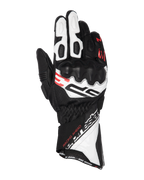 Alpinestars SP-3 handschoenen, motorracehandschoenen, zwart, wit en fluo rood, ontwerp met lange manchet en versterkte knokkelbescherming, geperforeerde lederen constructie, met de tekst 'Racing Ahead' en opvallende Alpinestars-branding