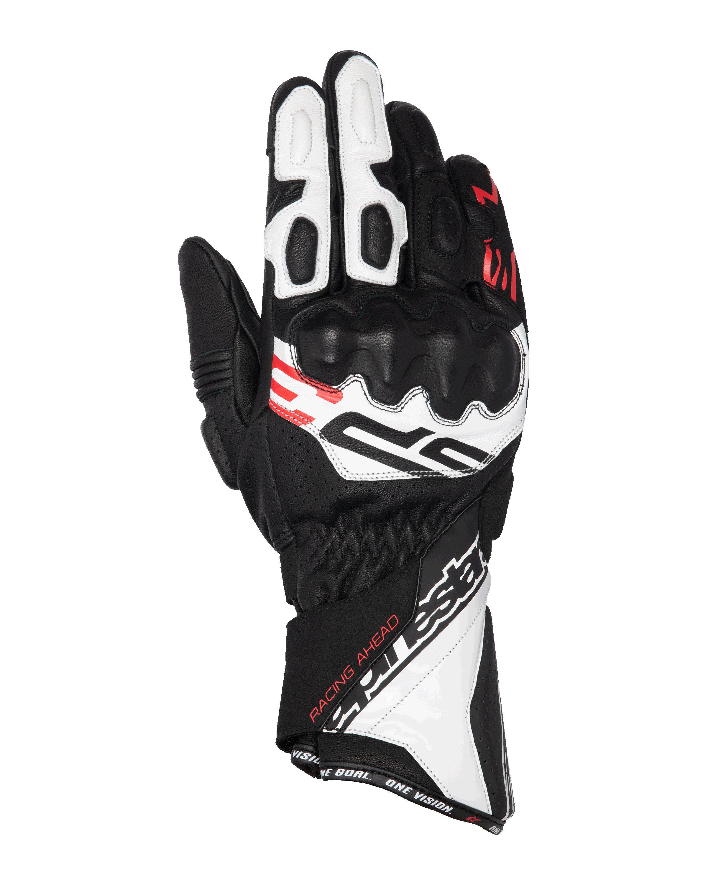 Alpinestars SP-3 handschoenen, motorracehandschoenen, zwart, wit en fluo rood, ontwerp met lange manchet en versterkte knokkelbescherming, geperforeerde lederen constructie, met de tekst 'Racing Ahead' en opvallende Alpinestars-branding