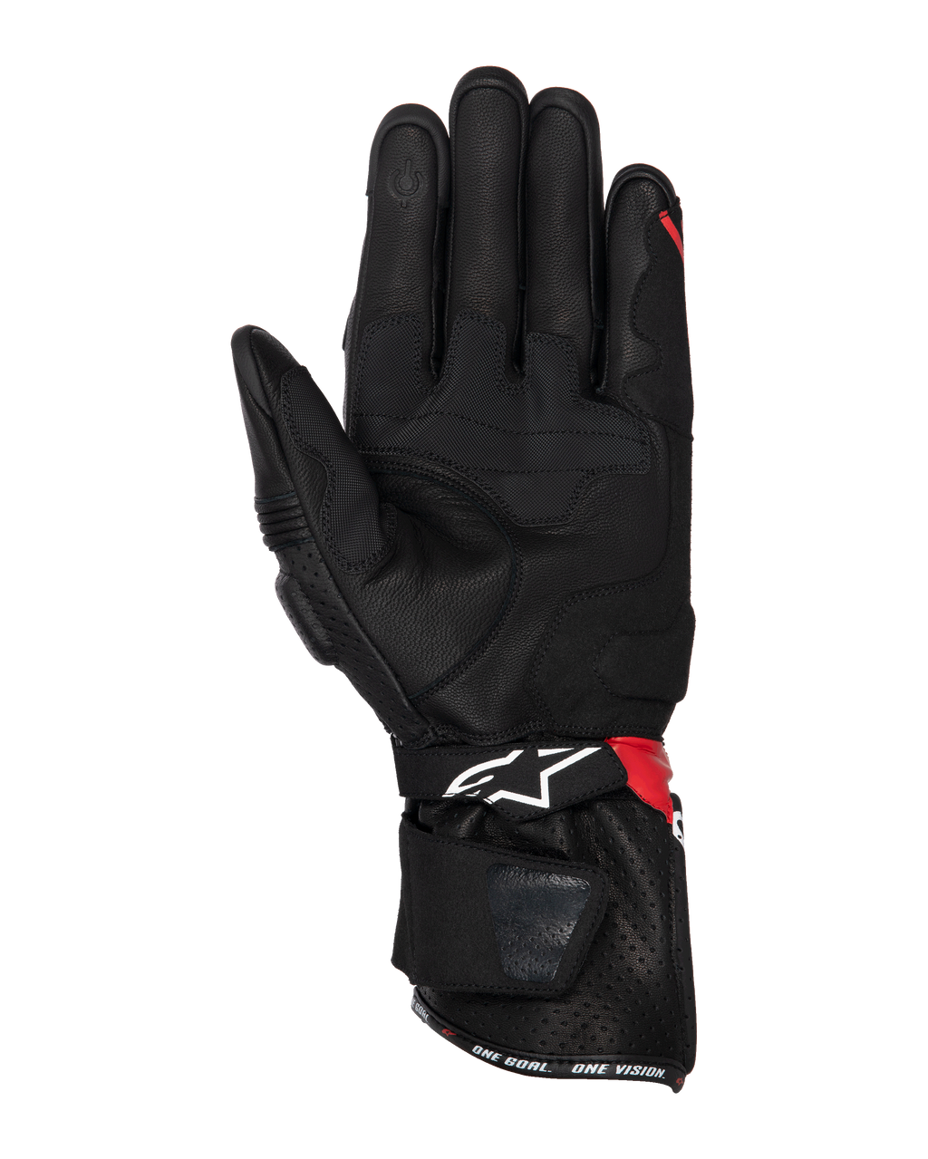 Alpinestars SP-3 handschoenen, motorhandschoenen, zwart, felrood en wit, handpalmzicht toont lederen constructie met gripverstevigingen, touchscreen-compatibele vingertop, lange manchet met wit logo en rode accenten, sport- en race-ontwerp