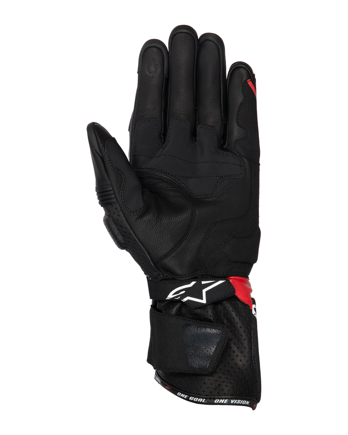 Alpinestars SP-3 handschoenen, motorhandschoenen, zwart, felrood en wit, handpalmzicht toont lederen constructie met gripverstevigingen, touchscreen-compatibele vingertop, lange manchet met wit logo en rode accenten, sport- en race-ontwerp